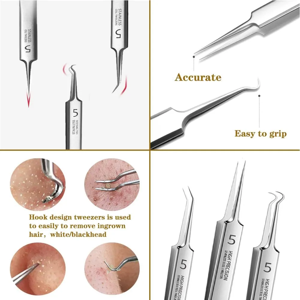 Professional Facial Blackhead Remover Tweezers,3Pcs Precision Pimple Popper Tool Kit for Whitehead Ance Blemishs Comedones Stainless Steel Makeup Tool - Glossy
