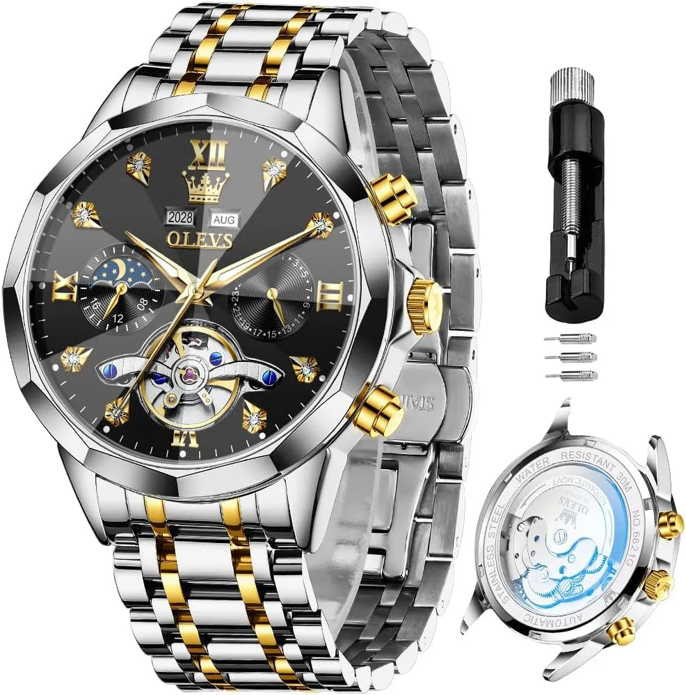 OLEVS Skeleton Men Watches Automatic Business Luxury Diamond Self Winding Watch for Men Stainless Steel Calendar Wrist Watch