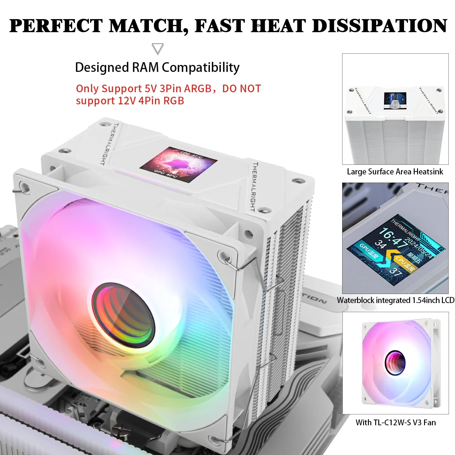 Thermalrlght Assassin Spirit 120 Vision ARGB White CPU Air Cooler,Desktop Heatsink Cooler with 154mm High,PC Display Screen Cooler of 1.54in,240*240 Resolving Power,for LGA1851/1700,AM5,CPU Radiator