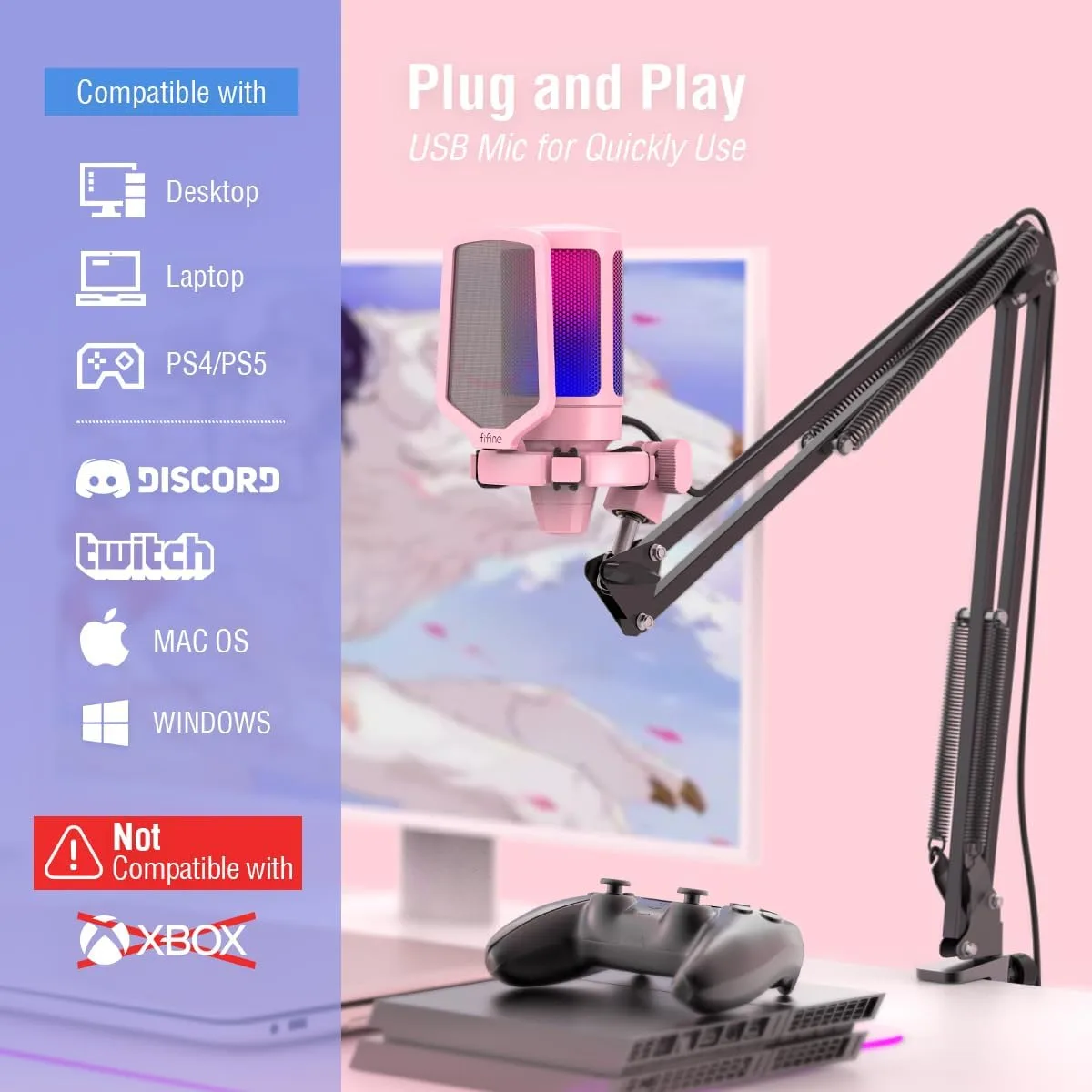 FIFINE A6T Pink Gaming USB Condenser Microphone Kit for Podcast Streaming