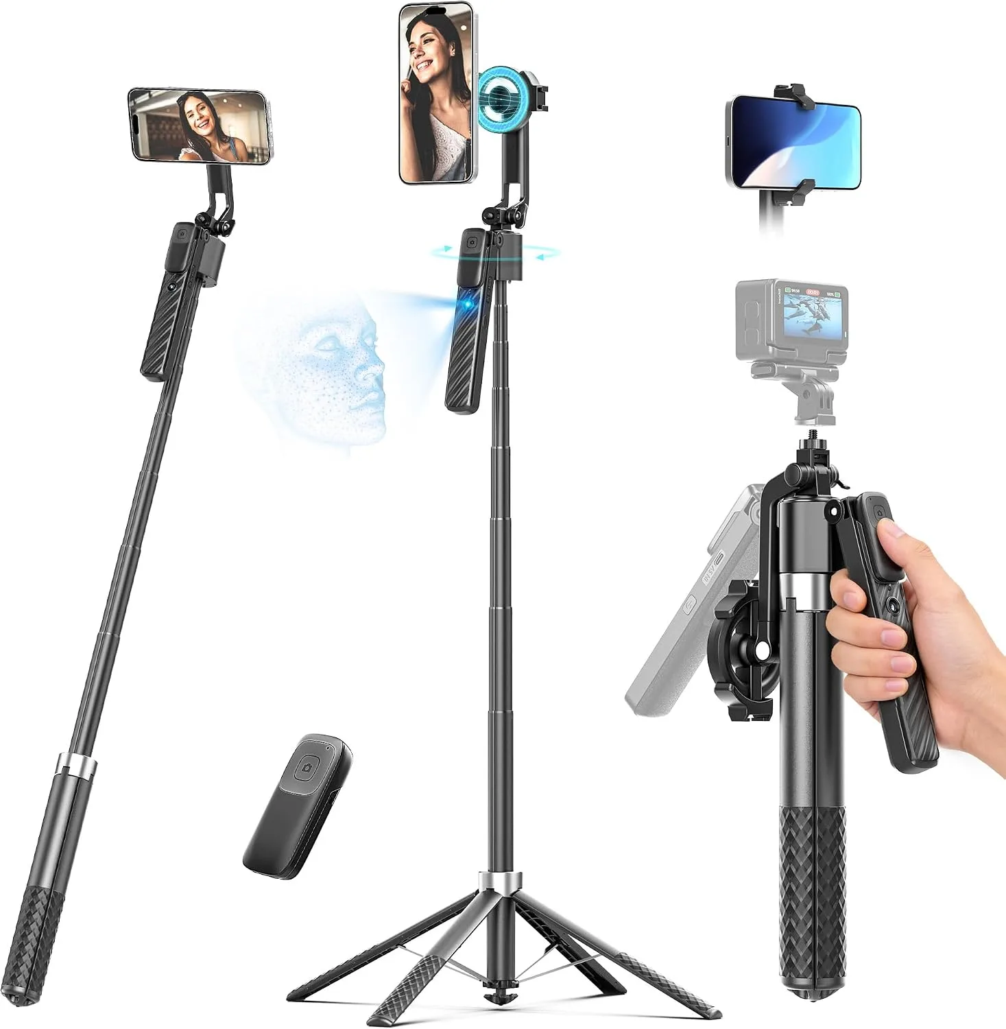 Oldshark 71" Auto Face Tracking Tripod, 1-Sec Quick Setup Magnetic Tripod for iPhone, No App Needed 360° Rotating Phone & Camera Tripod, Content Creator Essentials for TikTok YouTube
