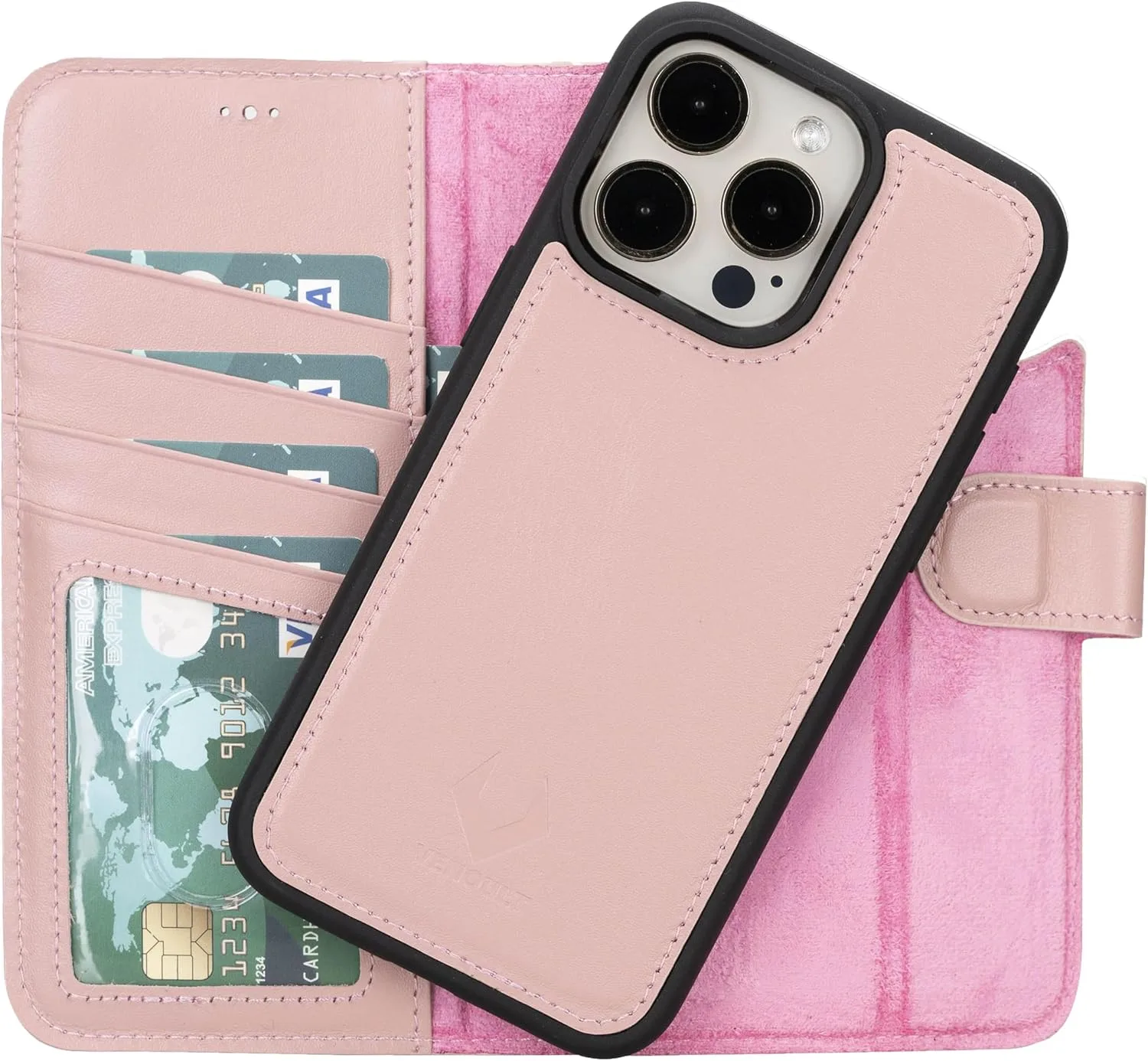 VENOULT Wallet Case for iPhone, Full Grain Genuine Turkish Leather, Magnetic Detachable, RFID 4 Card Slots, Business Style, Compatible with MagSafe (Sweet Pink, iPhone 16 Pro)
