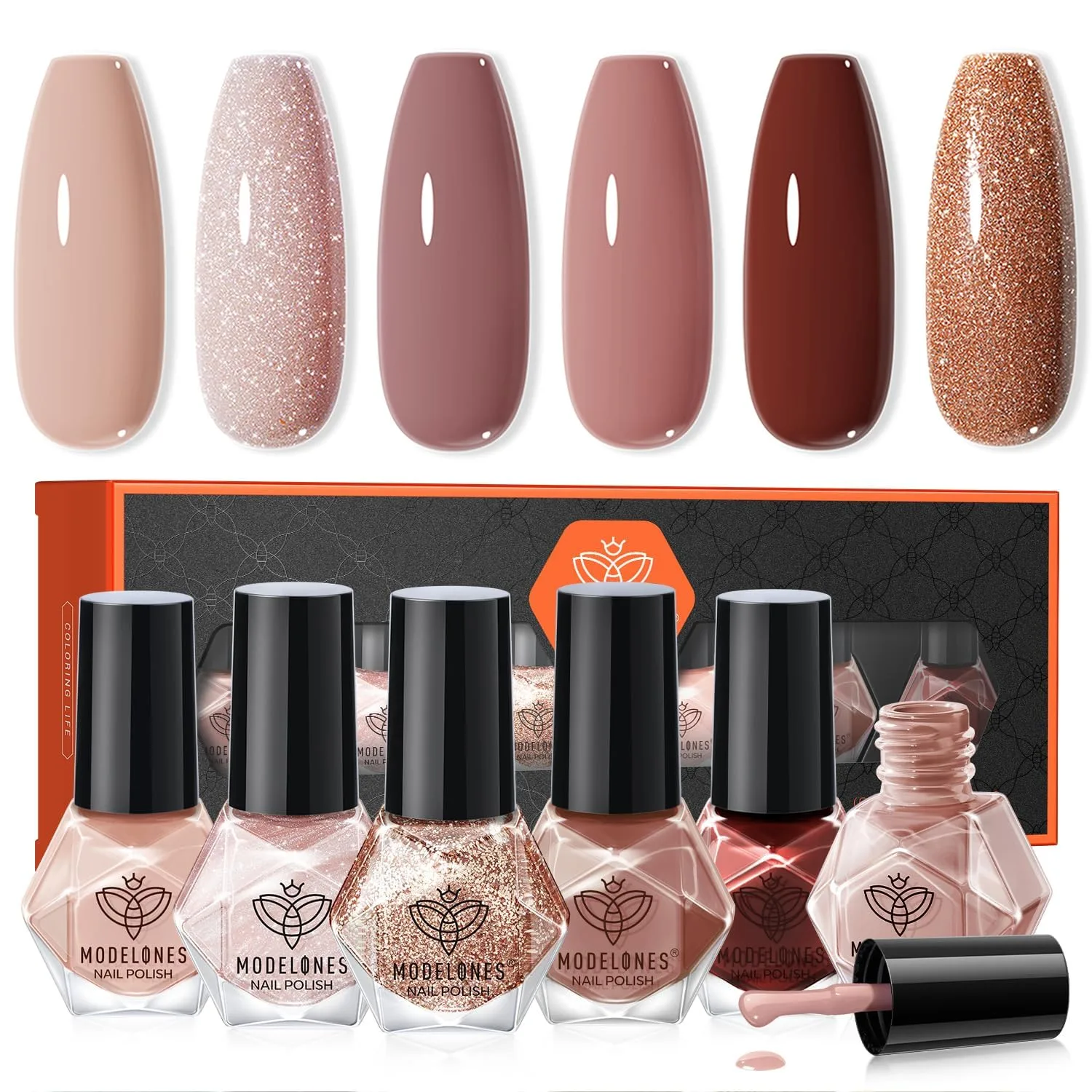 modelones Fall Nail Polish, 6 Colors Brown Nude Burgundy Quick Dry Set
