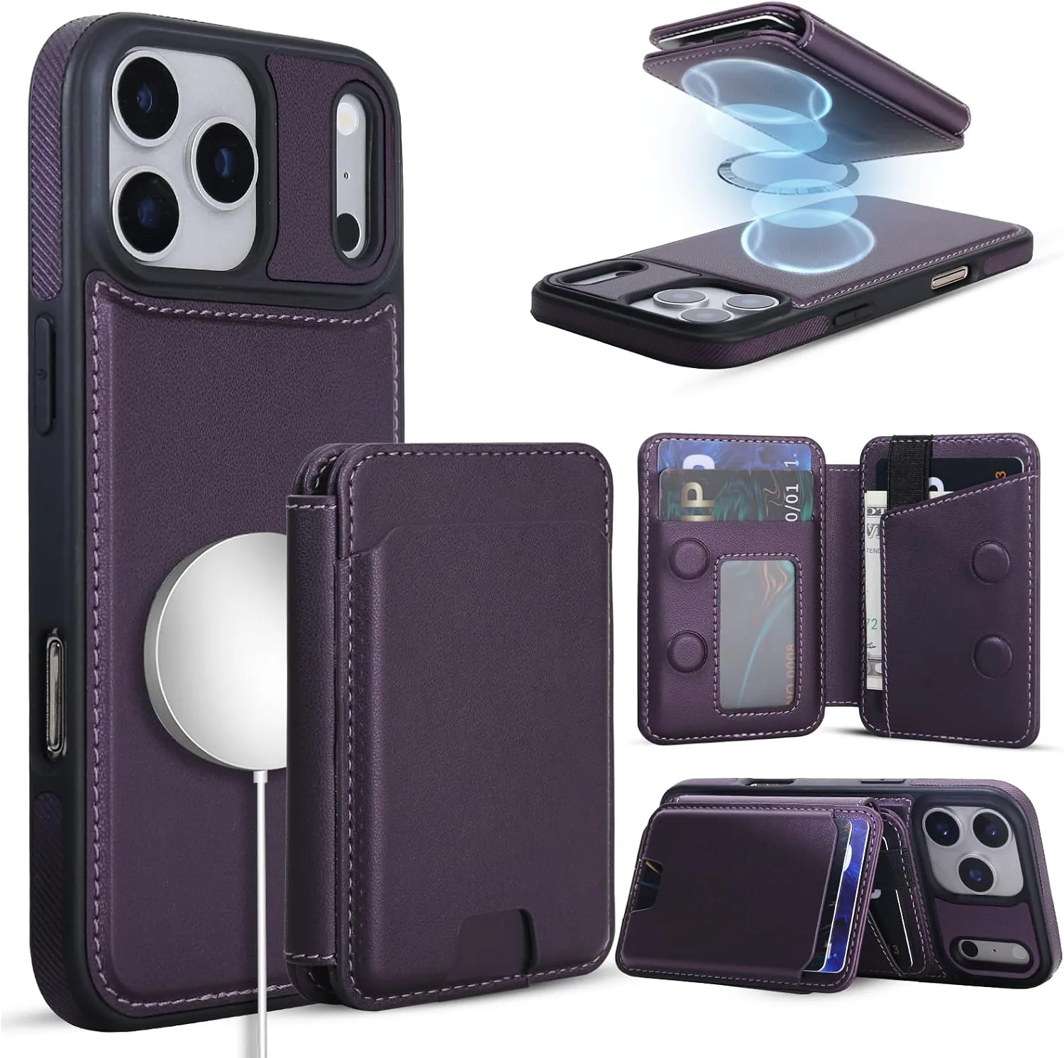 Magnetic Detachable Wallet Case for iPhone 18/17 Pro Max with Kickstand,2-in-1 MagSafe Compatible RFID Blocking Card Holder,Slim PU Leather Cover Vintage Purple