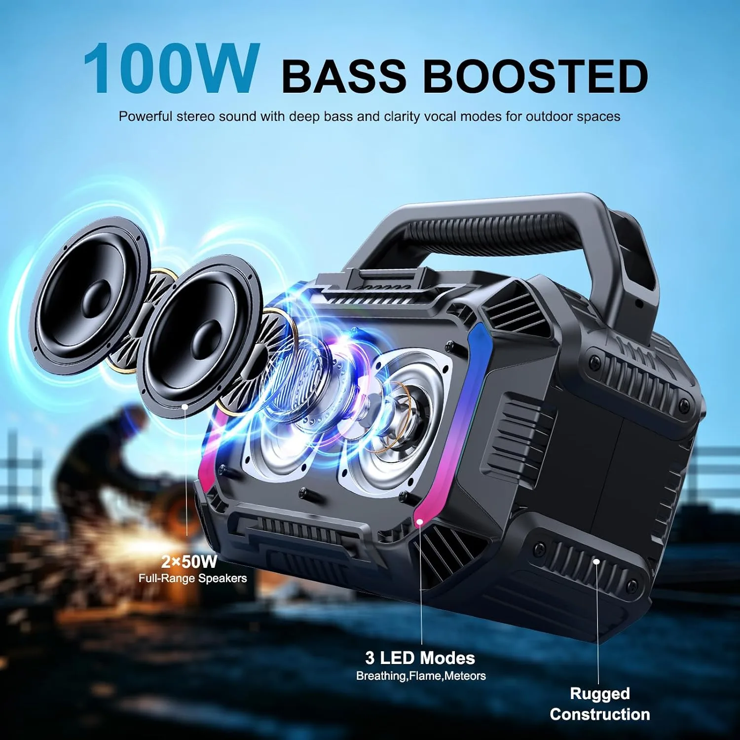 Speakers Bluetooth Wireless, 100W Portable Bluetooth Speaker with Bass, IPX7 Waterproof & Floatable, 20H Playtime, RGB Light, Loud Speakers with TWS for Work, Outdoor, Garage(L-Black)
