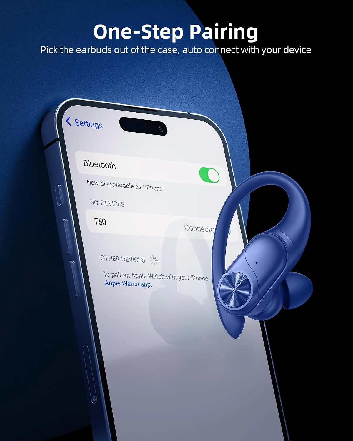 PocBuds Bluetooth Headphones Wireless Earbuds 80hrs Playtime Wireless Charging Case Digital Display Sports Ear Buds with Earhook Deep Bass IPX7 Waterproof Over-Ear Earphones for TV Phone Laptop Navy