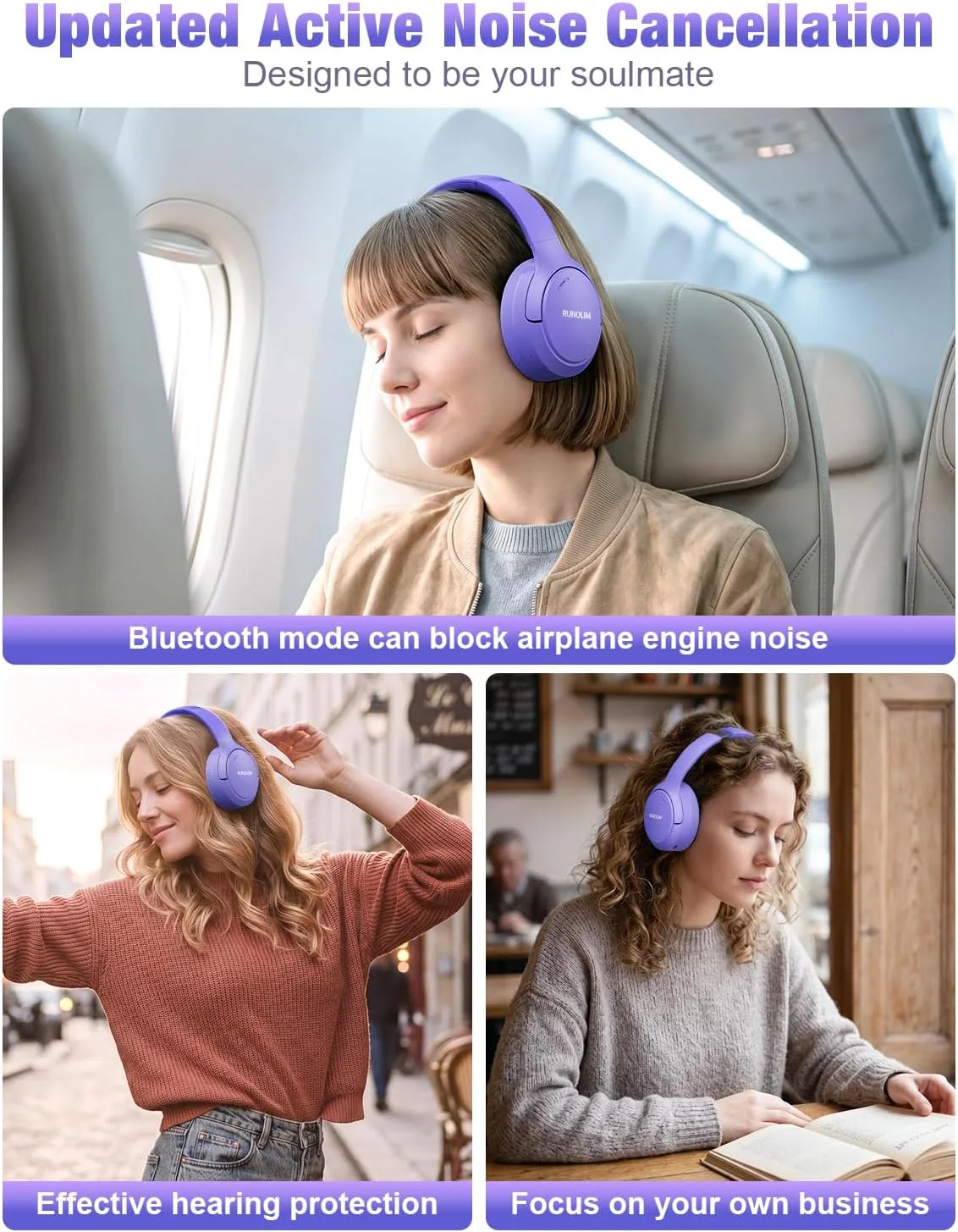 RUNOLIM Active Noise Cancelling Headphones, Wireless Bluetooth Over Ear