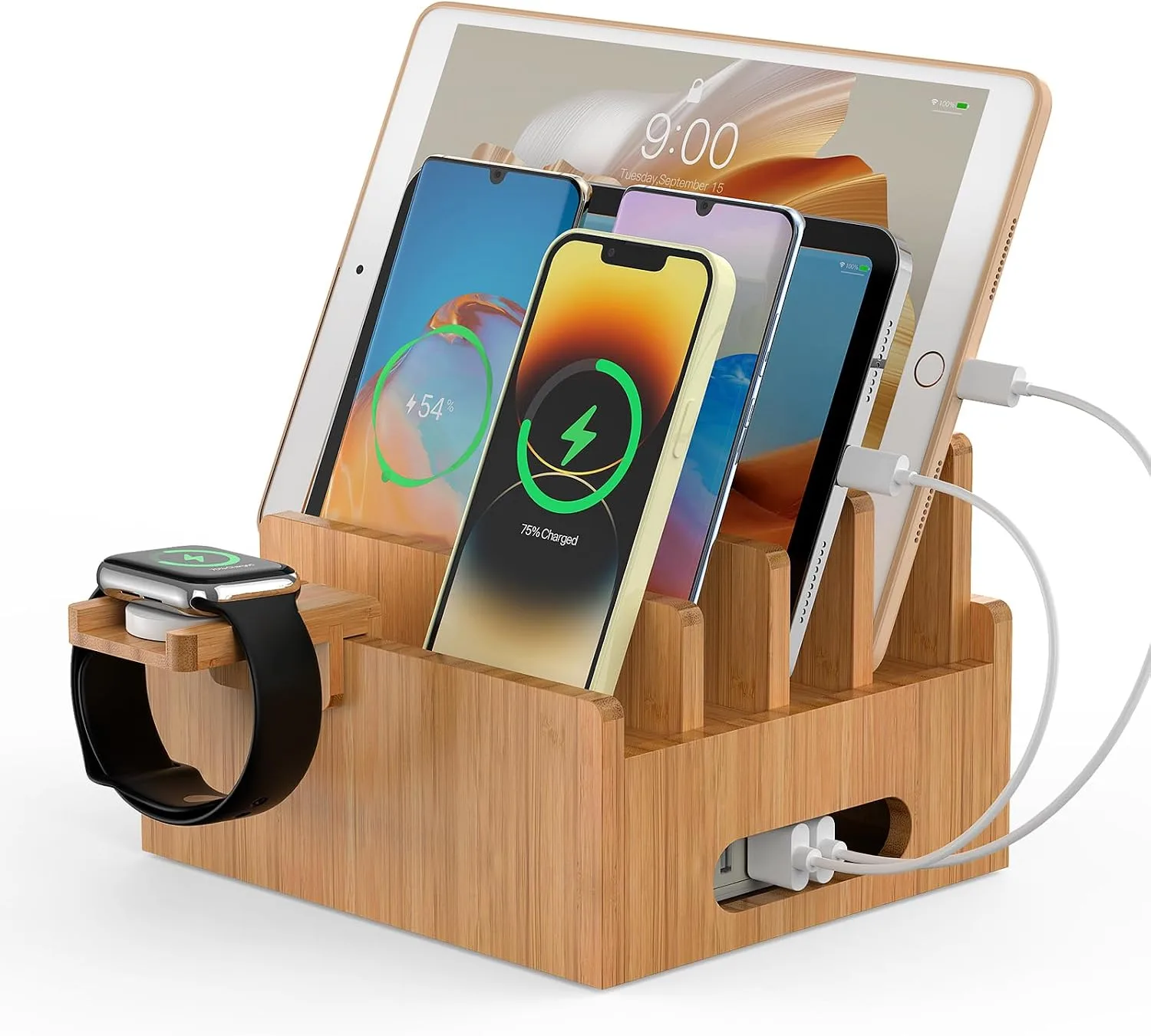 Pezin & Hulin Bamboo Charging Stand with Pack 5 Cables-Natural Bamboo