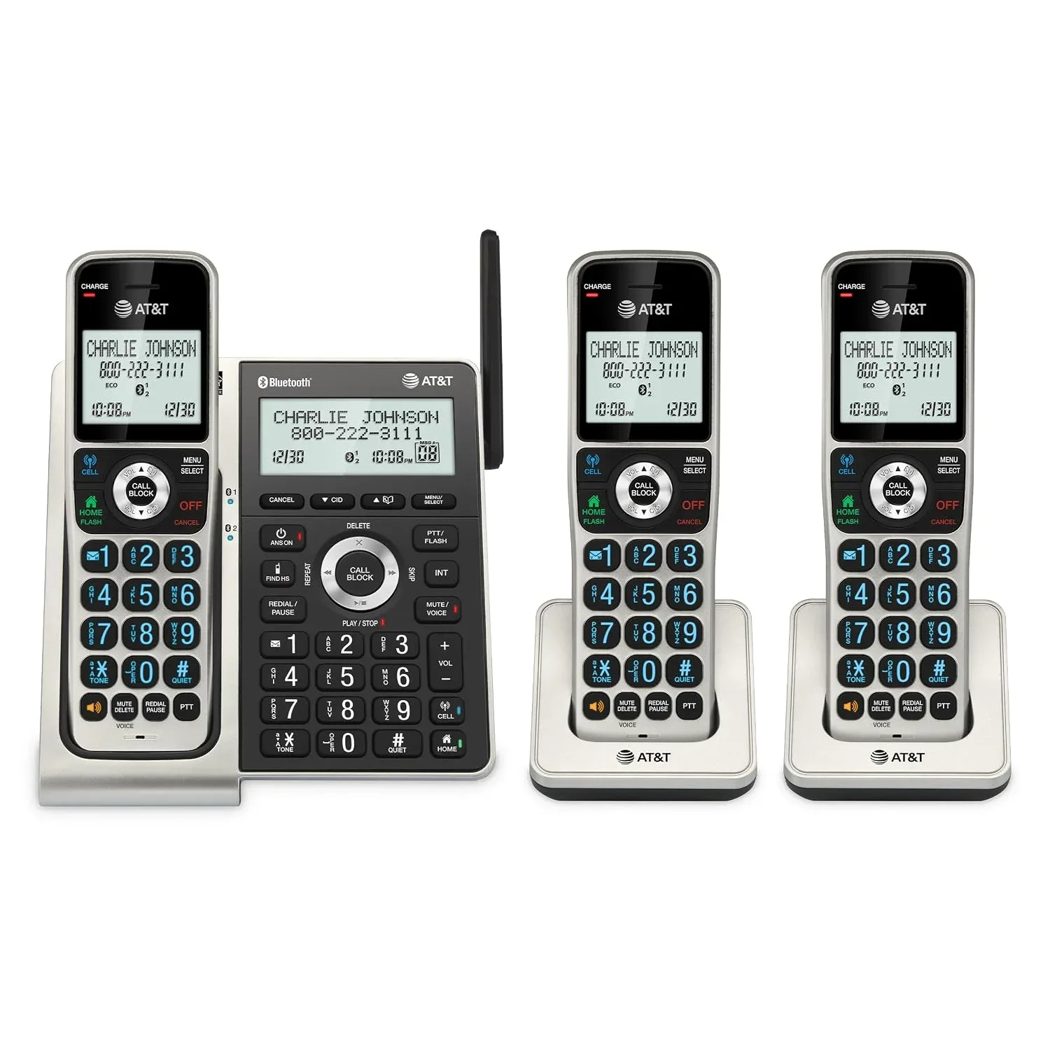 Teléfono fijo inalámbrico AT&T BL3107-3 DECT 6.0 con 3 auriculares, color titanio negro