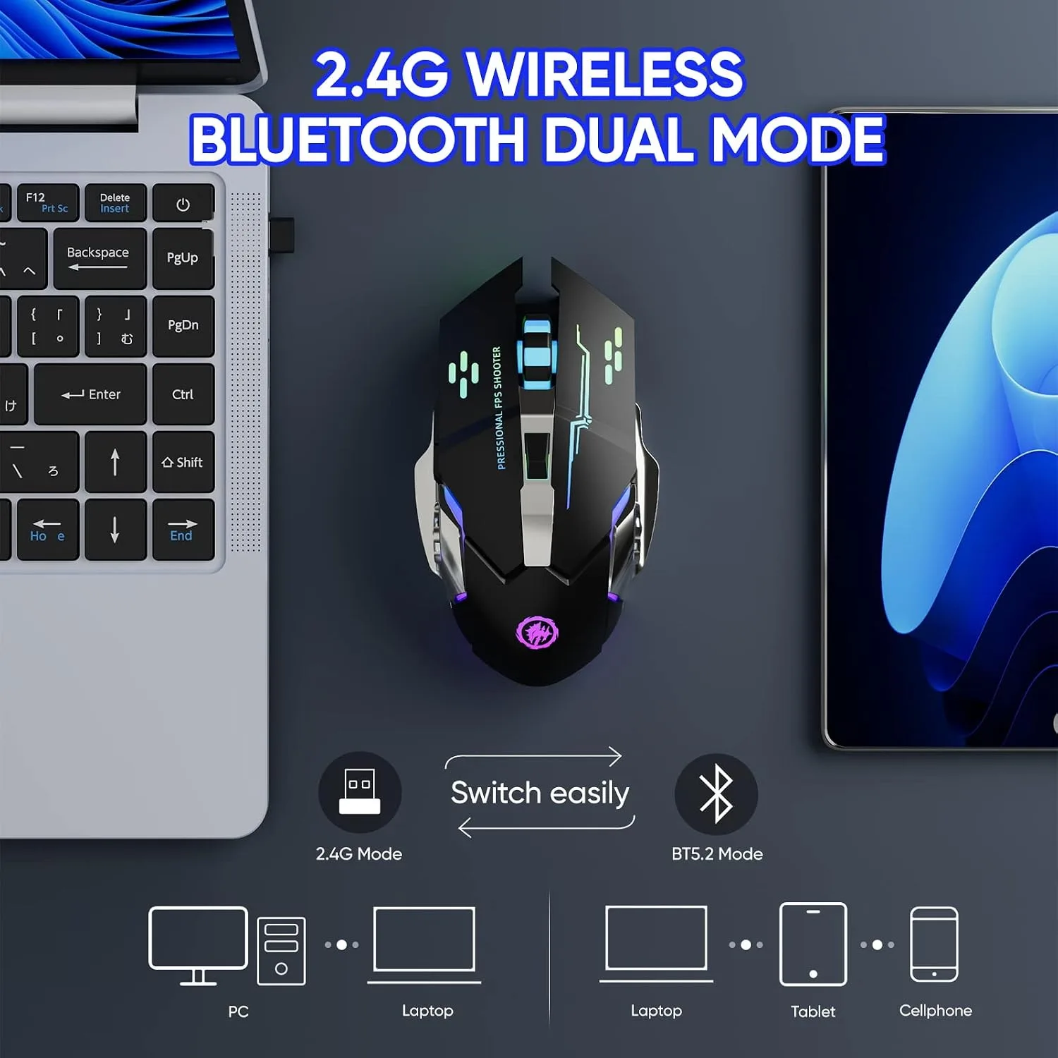 MELOGAGA Wireless Gaming Mouse Bluetooth/2.4G RGB Rechargeable -Black