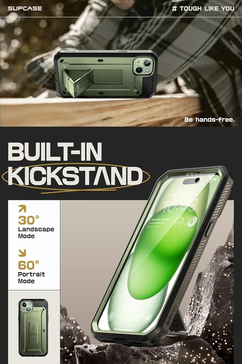 SUPCASE for iPhone 15 Case with Kickstand & Screen Protector, Green