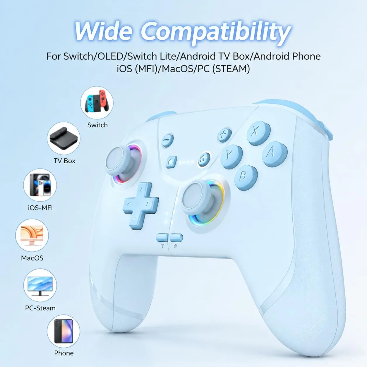 Switch Controller, Wireless Pro Controller for Nintendo Switch 2/Switch/Lite/OLED, Bluetooth controllers Compatible with iPhone/Mac/iPad/iOS/Android/Phone/PC/Steam and TV with Programming/RGB4/Vibration / 3 Turbo Modes/6-Axis/Motion (Blue)
