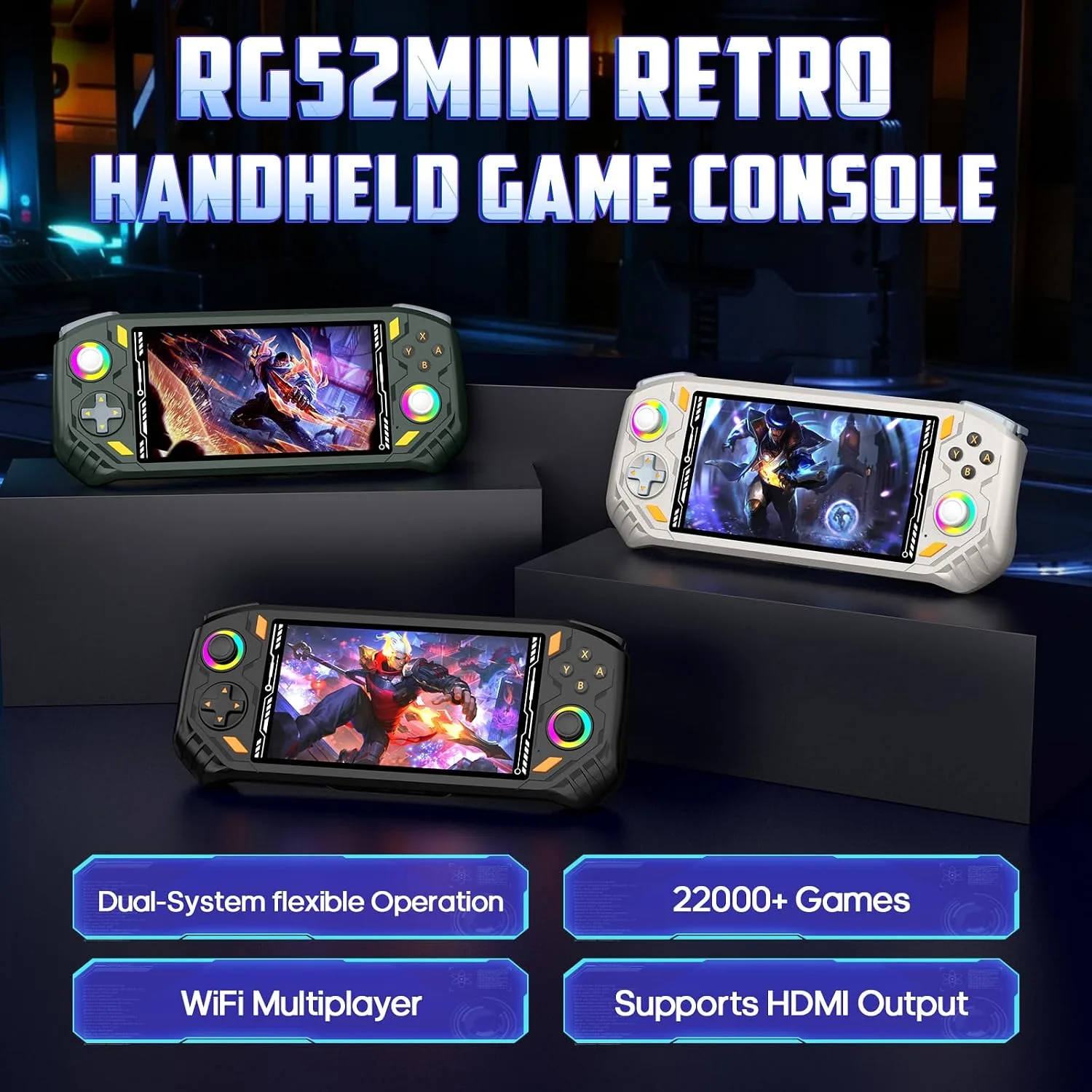RG52MINI Retro Handheld Game Console, 5.5 Inch IPS HD Screen, Portable Dual System, 64GB Support 30+ Emulators & 22000+ Games, WiFi Multiplayer, HDMI Output, 5000mAh Battery (Gray)