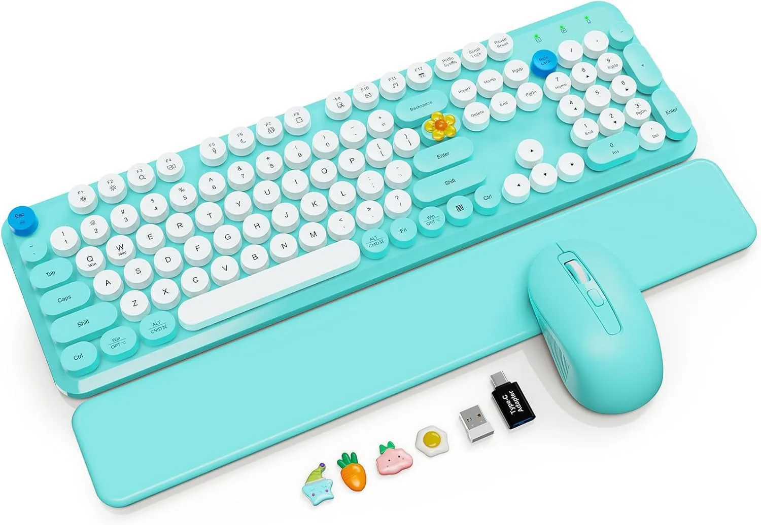 Wireless Keyboard Mouse Combo, Magnetic Wrist Rest, Round Keycap, Aqua Blue