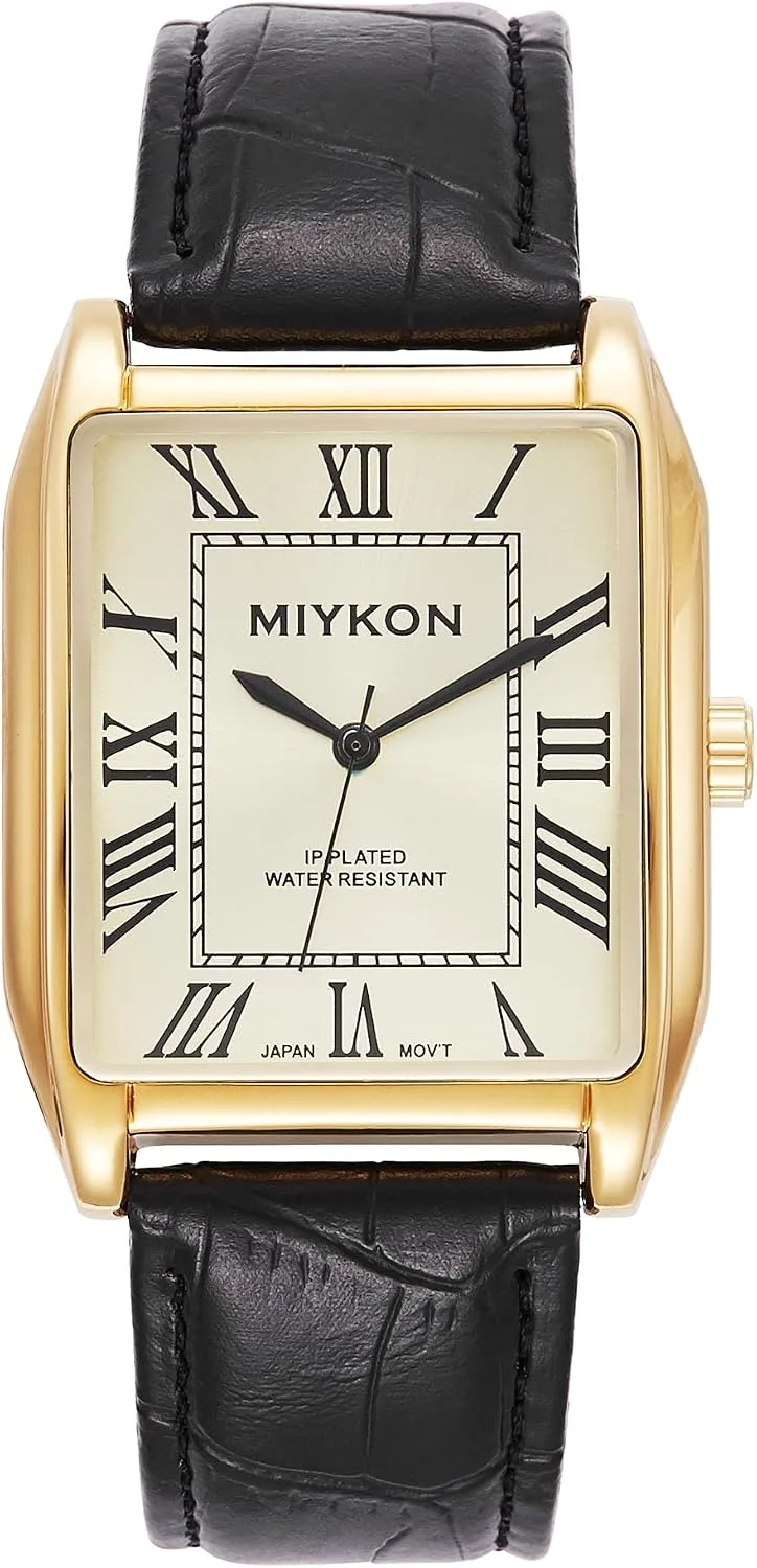 Miykon Men Vintage Tank Dress Watch, Genuine Leather Strap, Water Resistant
