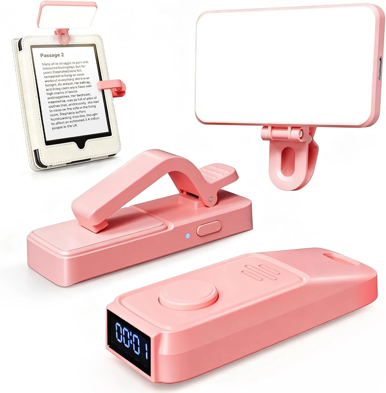 (Fit All Cases) Page Turner for Kindle,Portable Selfie Light,Reading Timer Tracker,Book Light for Kindle,iPad,iOS Android. Clicker for Kindle for Camera Video Recording and Selfie Shutter(K3-Pink)