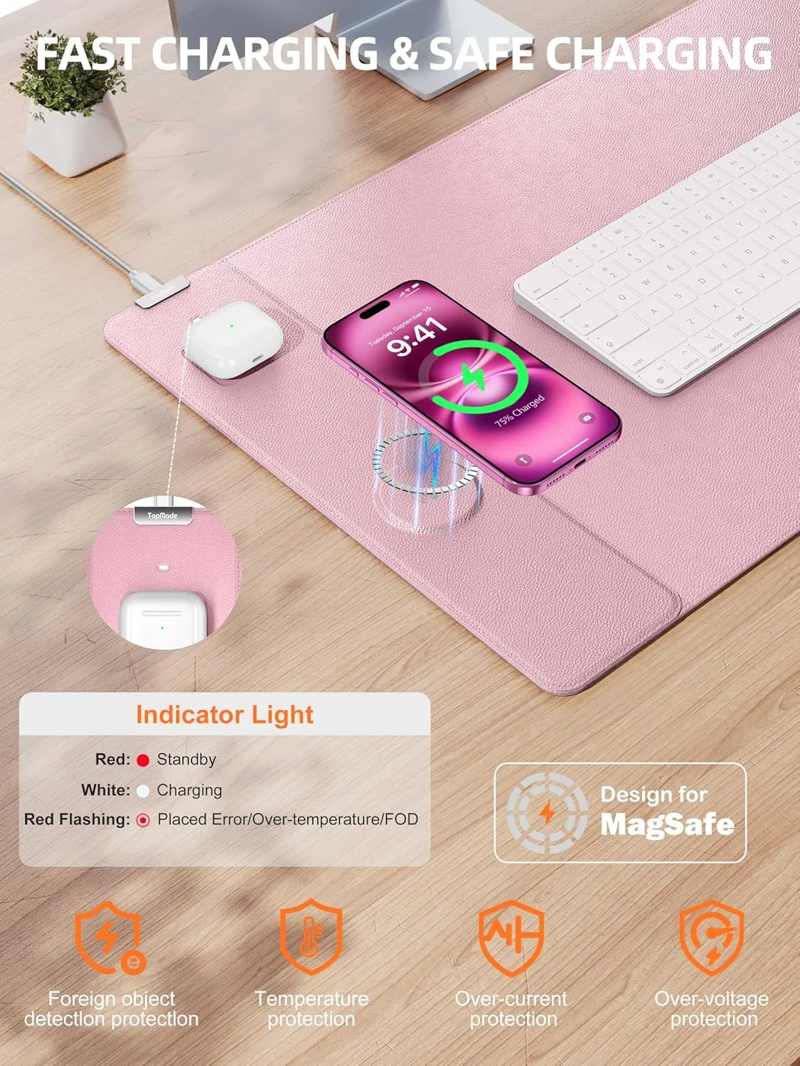 Mouse Pad with 15W Wireless Charging, XXL Large Leather Desk Mat, Pink
