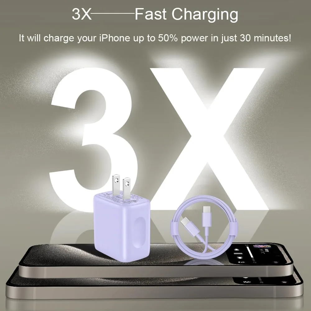 iPhone Duo Charger, iPhone 18 17 16 15 Charger Fast Charging 12FT-Purple