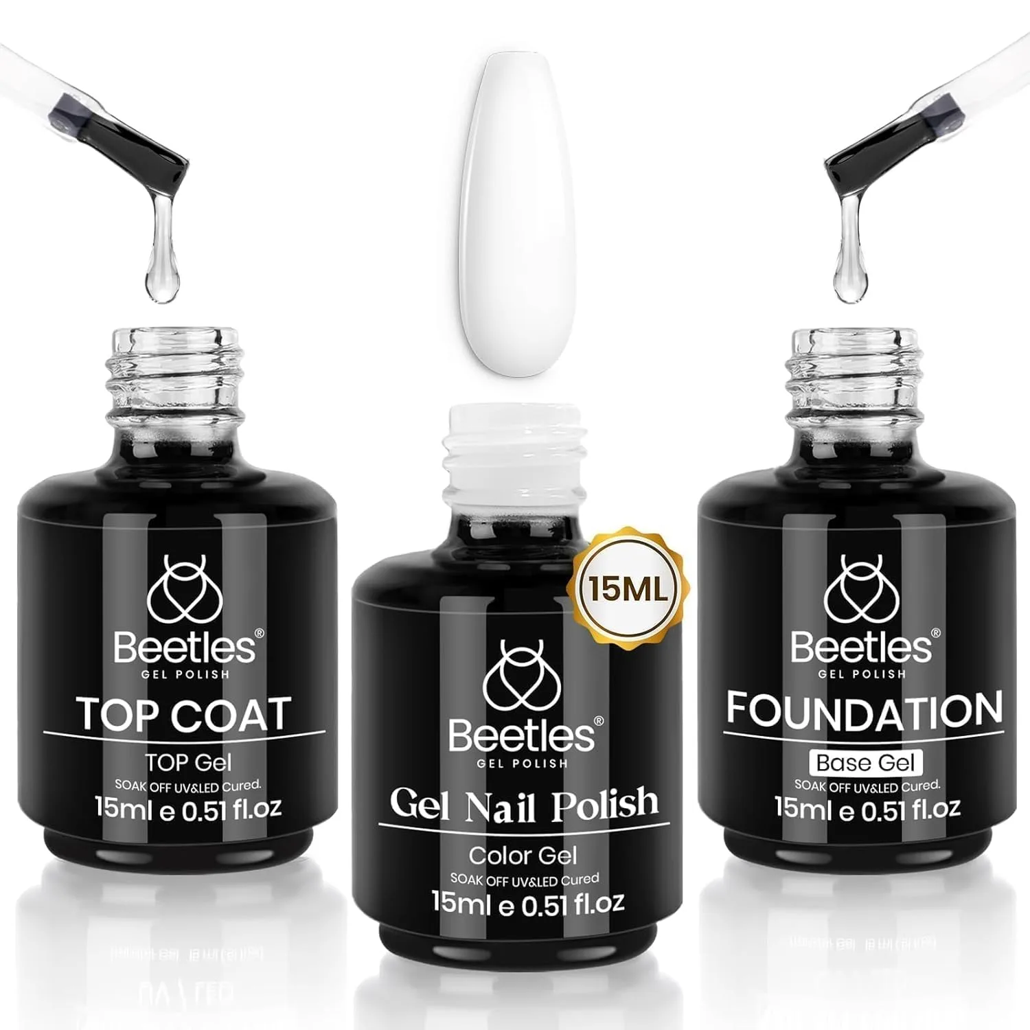 Beetles 3Pcs 15 ml White Gel Nail Polish with Gel Base and Top Coat Set