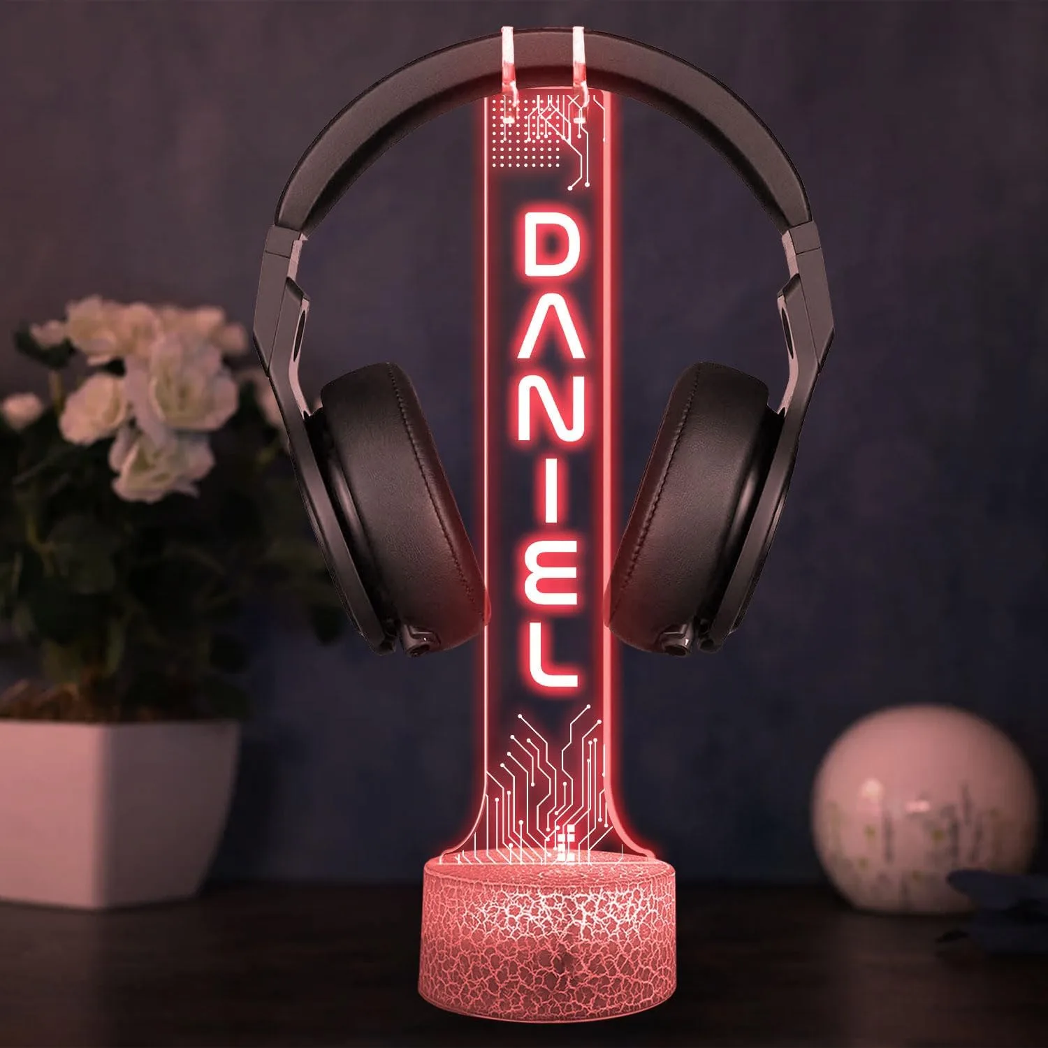 Custom Headphone Holder with RGB LED Lights, Personalized Headset Holder Engraved with Name, Gaming Desk Organizer, Gamer Room Decor, Gift for Boyfriend, Teen Gamer or Streamer