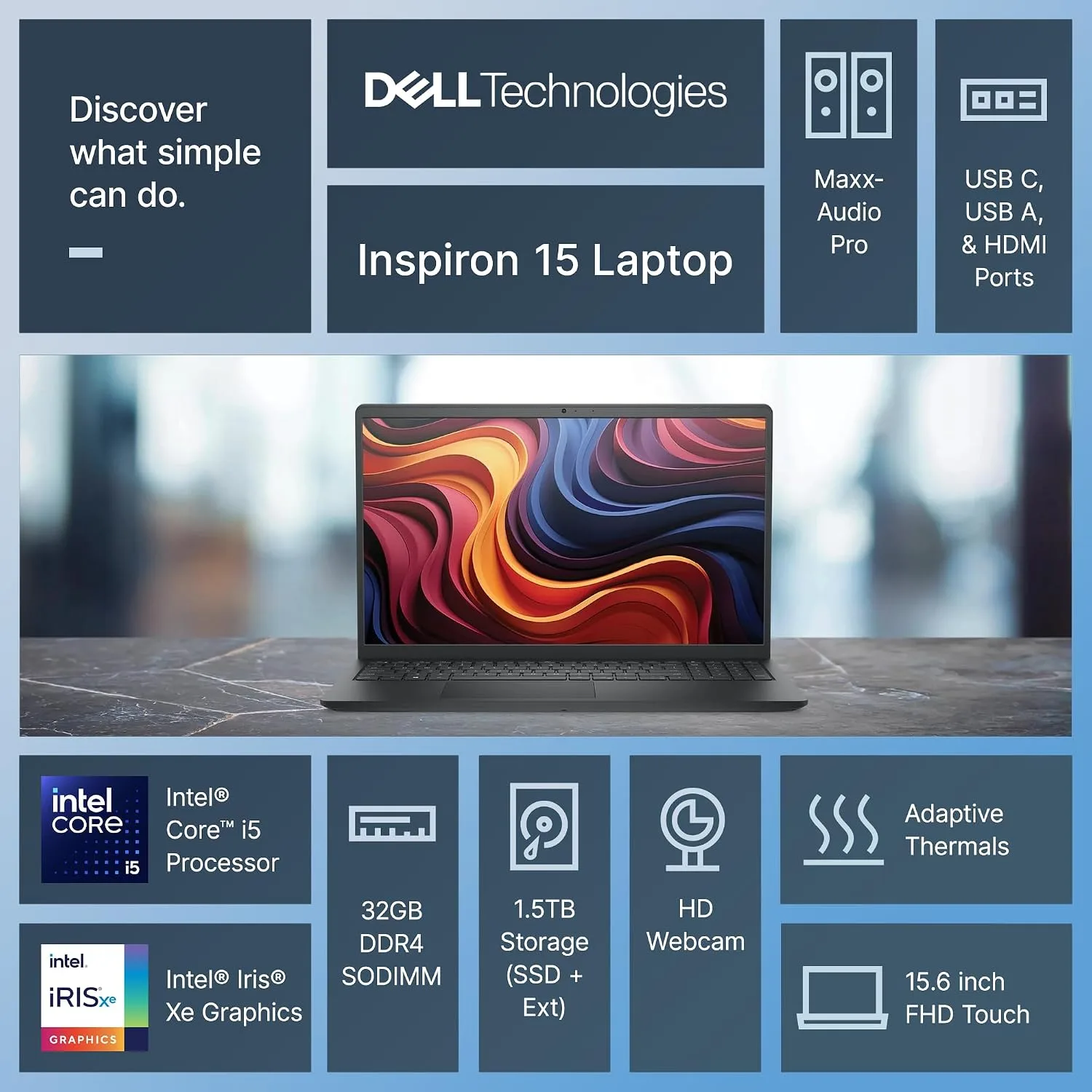 Dell Inspiron 15 Touchscreen Laptop for 2025-2026 Business Student Home, AI Computer, 15.6" FHD, 10-Core Intel i5, 32GB RAM, 1.5TB Storage (1TB SSD+500GB Ext) MarxsolAddon, Win 11 Pro, Lifetime Office