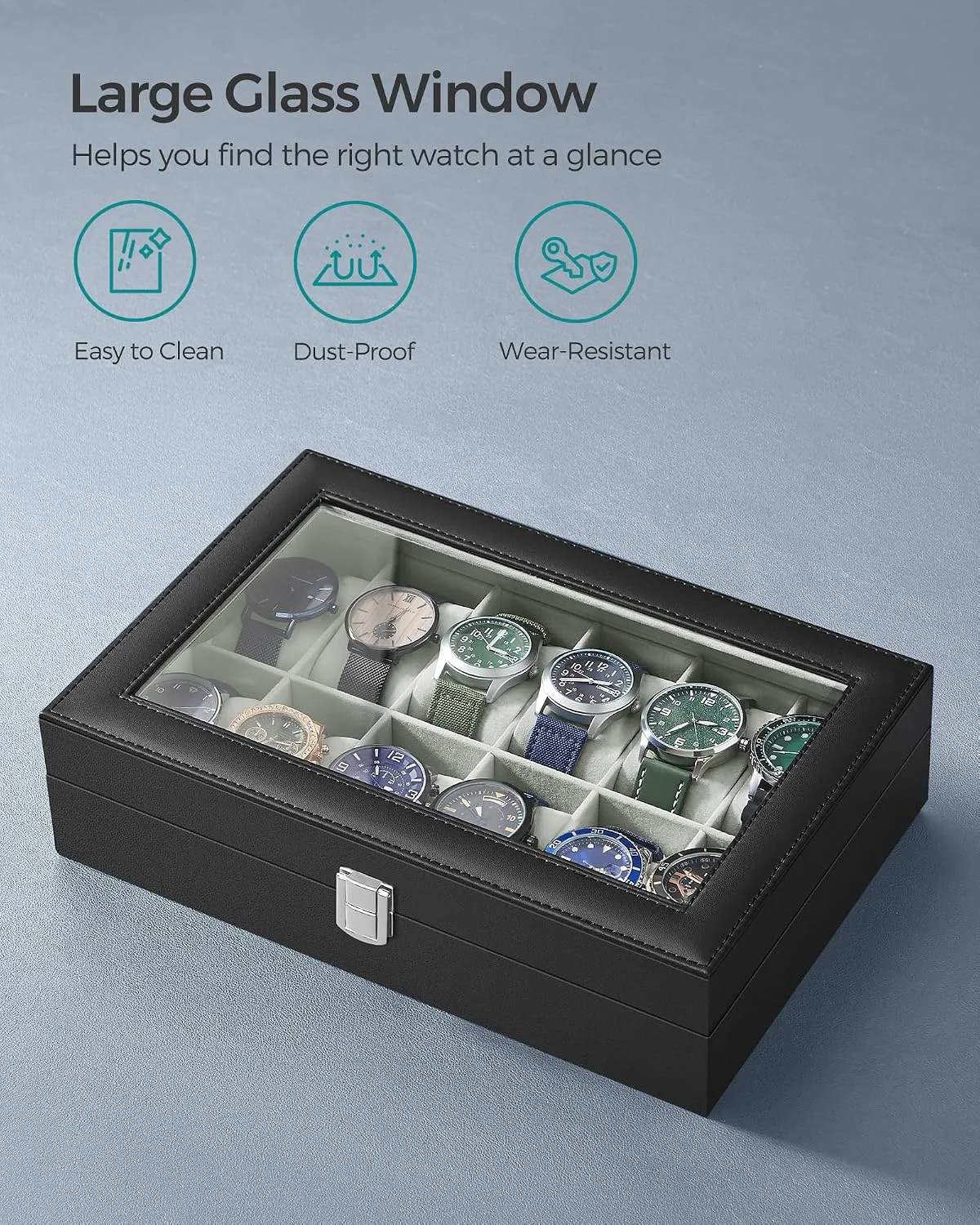 SONGMICS Watch Box, 12-Slot Watch Case Organizer with Large Glass Lid, Removable Pillows, Gift for Loved Ones, Black Synthetic Leather, Gray Lining UJWB12BK