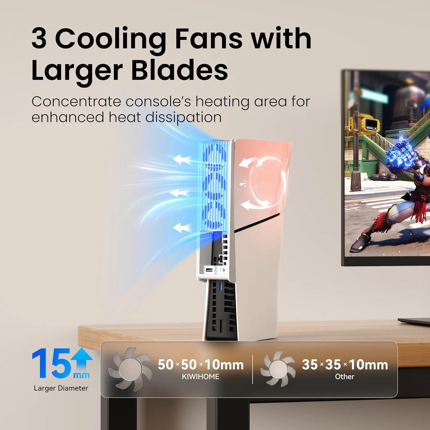 KIWIHOME Cooling Fan for PS5 Slim, Larger 3-Fan with Auto Speed USB3.0