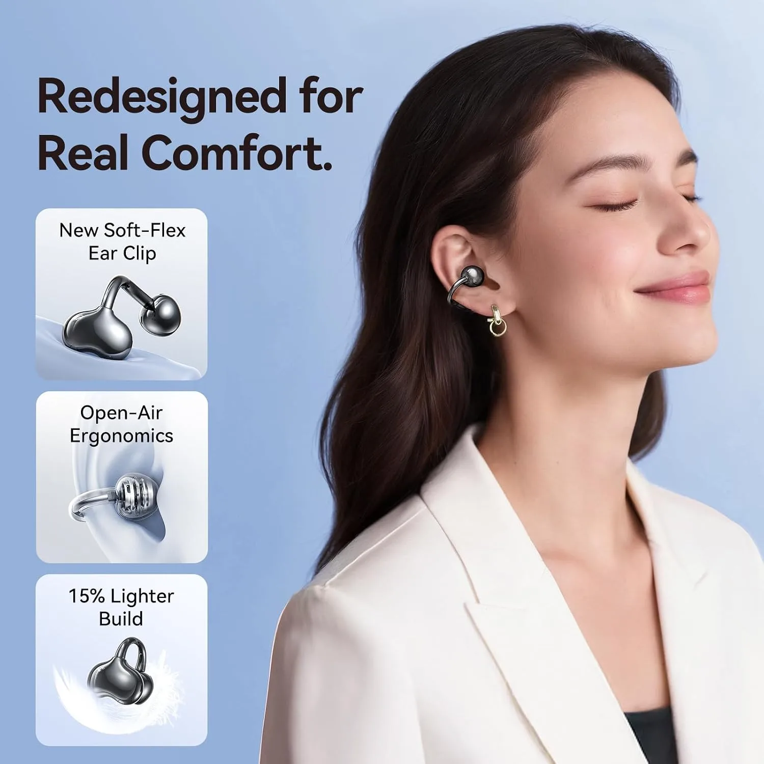 Kinglucky Upgraded Clip-On Earbuds Comfortable fit & Crystal-Clear Sound, 40H Playtime Open Ear Buds Bluetooth6.0 Wireless Headphones for Women Ideal for Small Ears,Sports,Workouts,Glasses Black