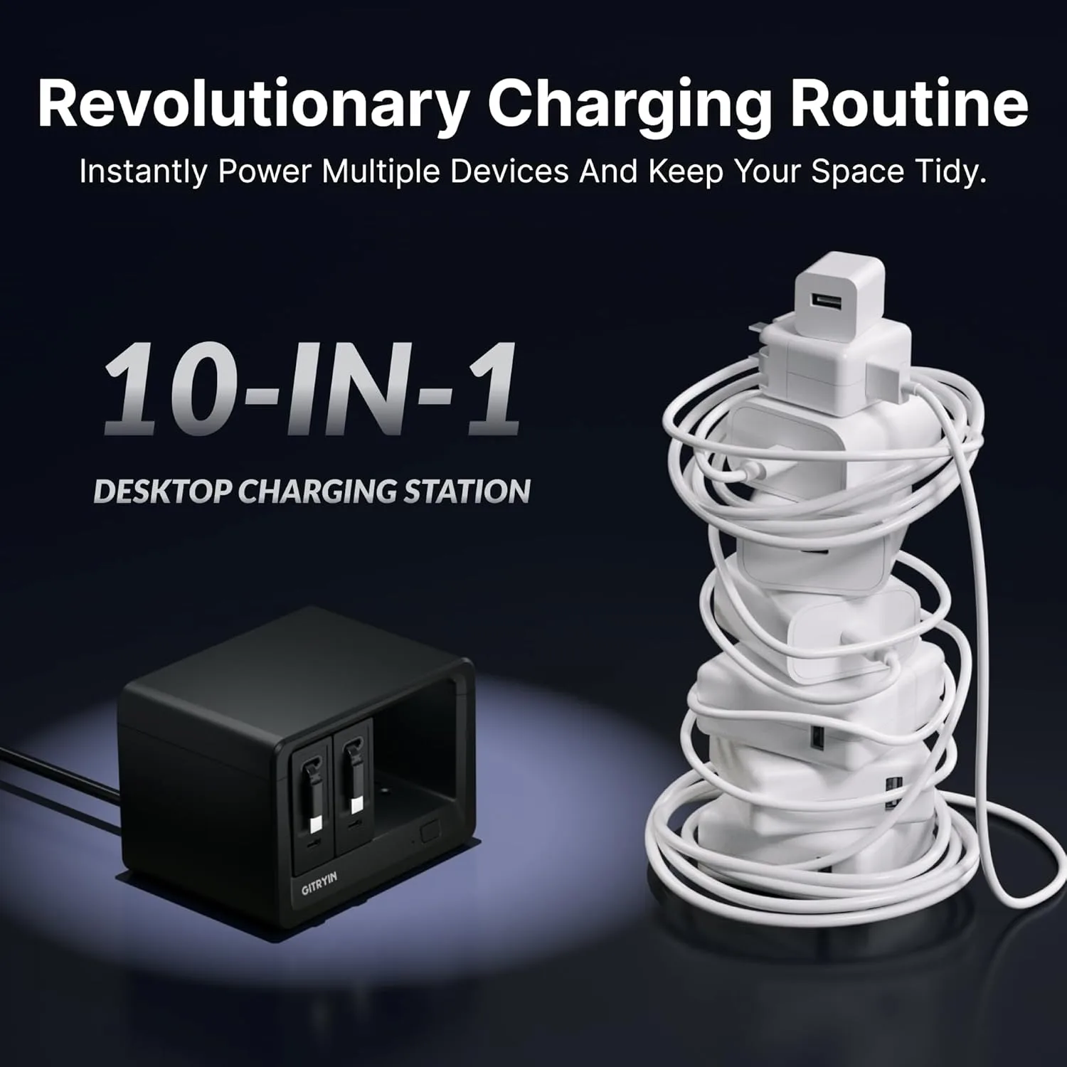 Gitryin 10-in-1 Desktop Charging Station, 6 AC, 80W Retractable GaN Charger