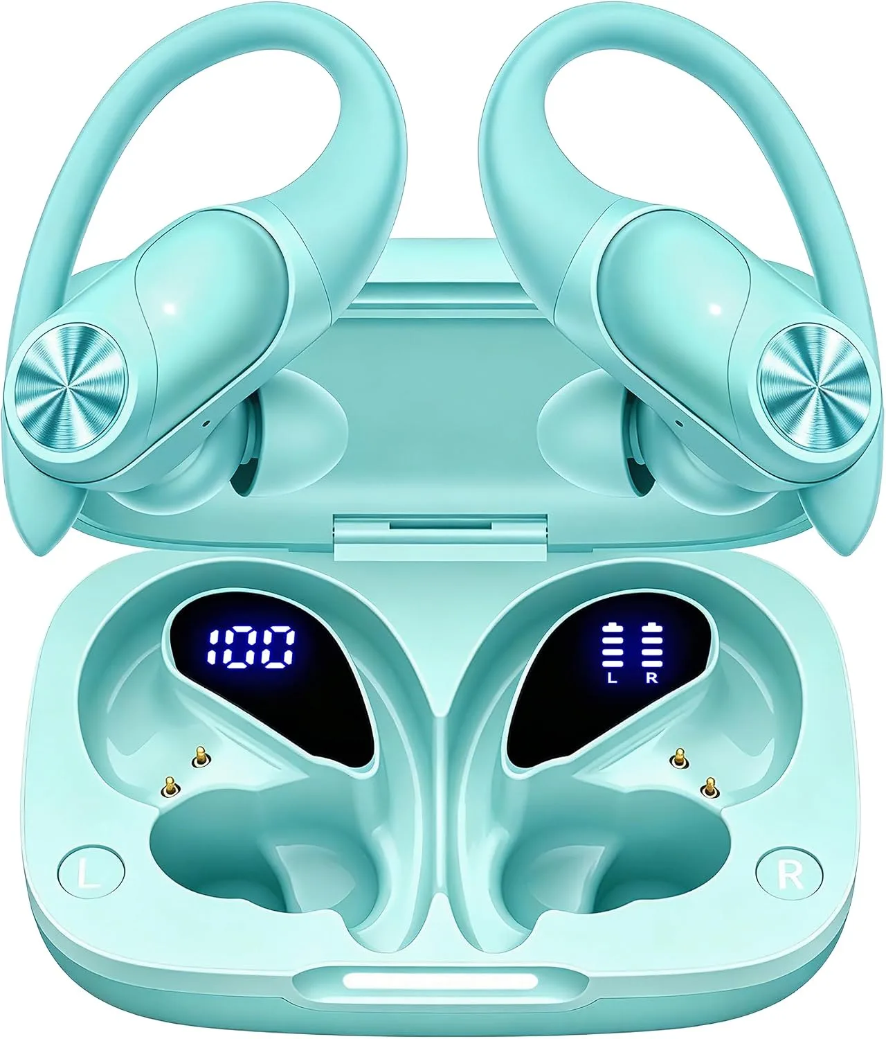 PocBuds Bluetooth Headphones Wireless Earbuds 80hrs Playtime Wireless Charging Case Digital Display Sport Ear buds with Earhook Deep Bass IPX7 Waterproof Over-Ear Earphones for Phone Laptop Mint Green