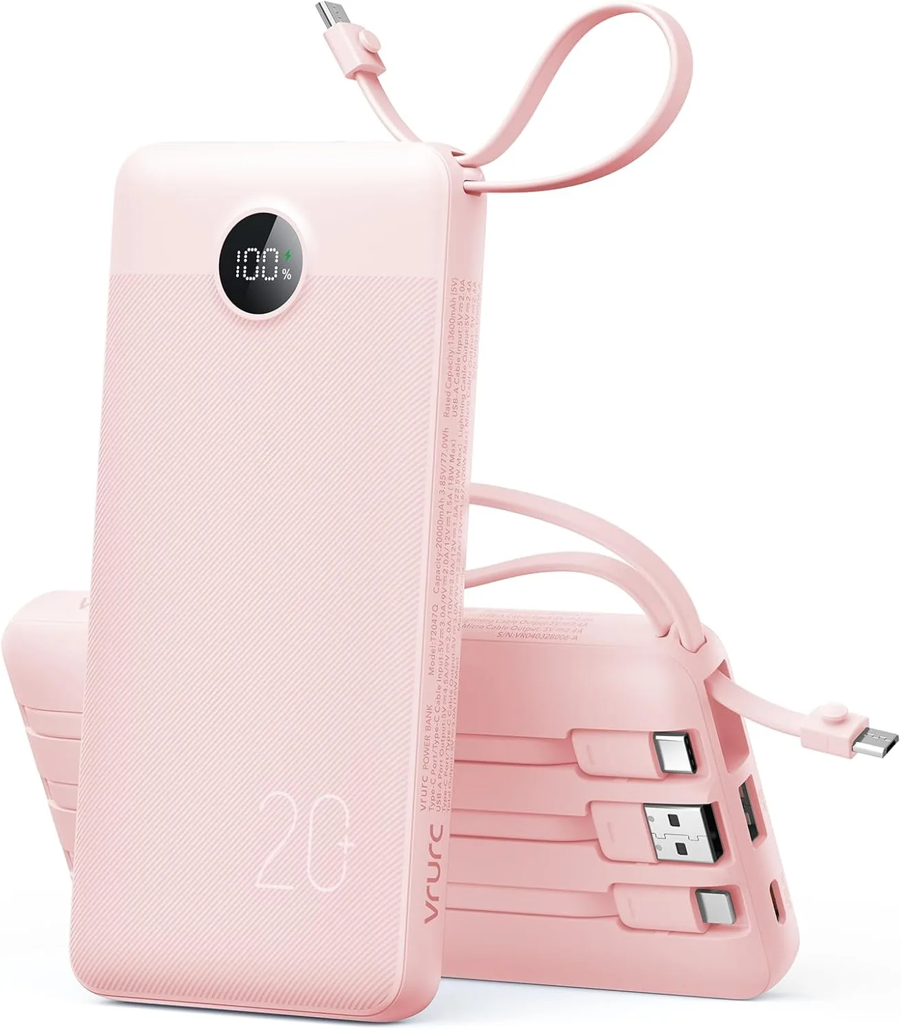VRURC Portable Charger 20000mAh 4-Built-in-Cable Fast Charging Power Bank