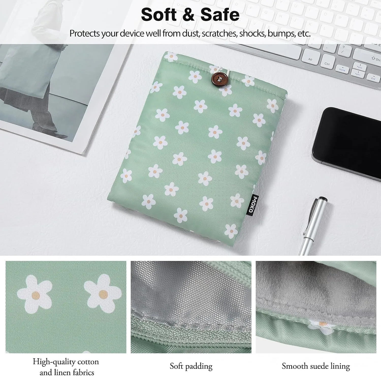 MoKo 6-7 Inch Embroidered Daisy Padded E-Reader Sleeve Zippered Bag with Back Pouch for Most 6/6.8/7 inch E-Reader, 6" Nook Glowligt 4, 6" Kobo Clara BW/Clara Colour, Green Flowers