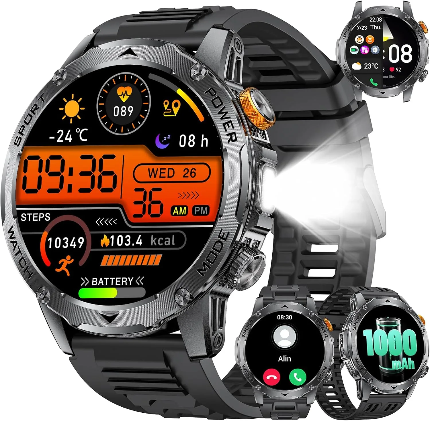 Smart Watch for Men with 1000mAh Battery/Flashlight, 1.75'' Military Smartwatch with 5ATM Waterproof/Heart Rate/Sleep Monitor,Answer Make Calls Fitness Tracker for Android iPhone Jet Black