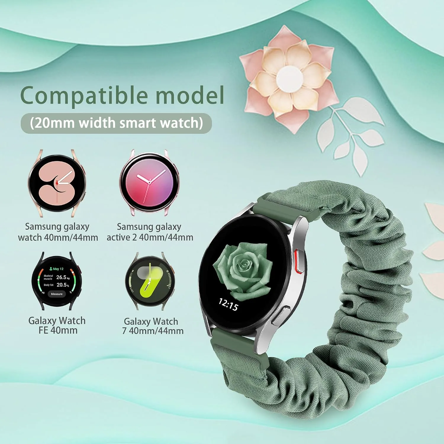 Compatible with Samsung Galaxy Watch 7/6/5/4/Active 2/FE Bands - 40mm/44mm, 20mm Quick Release Scrunchie Strap - Stretchy Cute Elastic Fabric Bands (10-Pack) Women