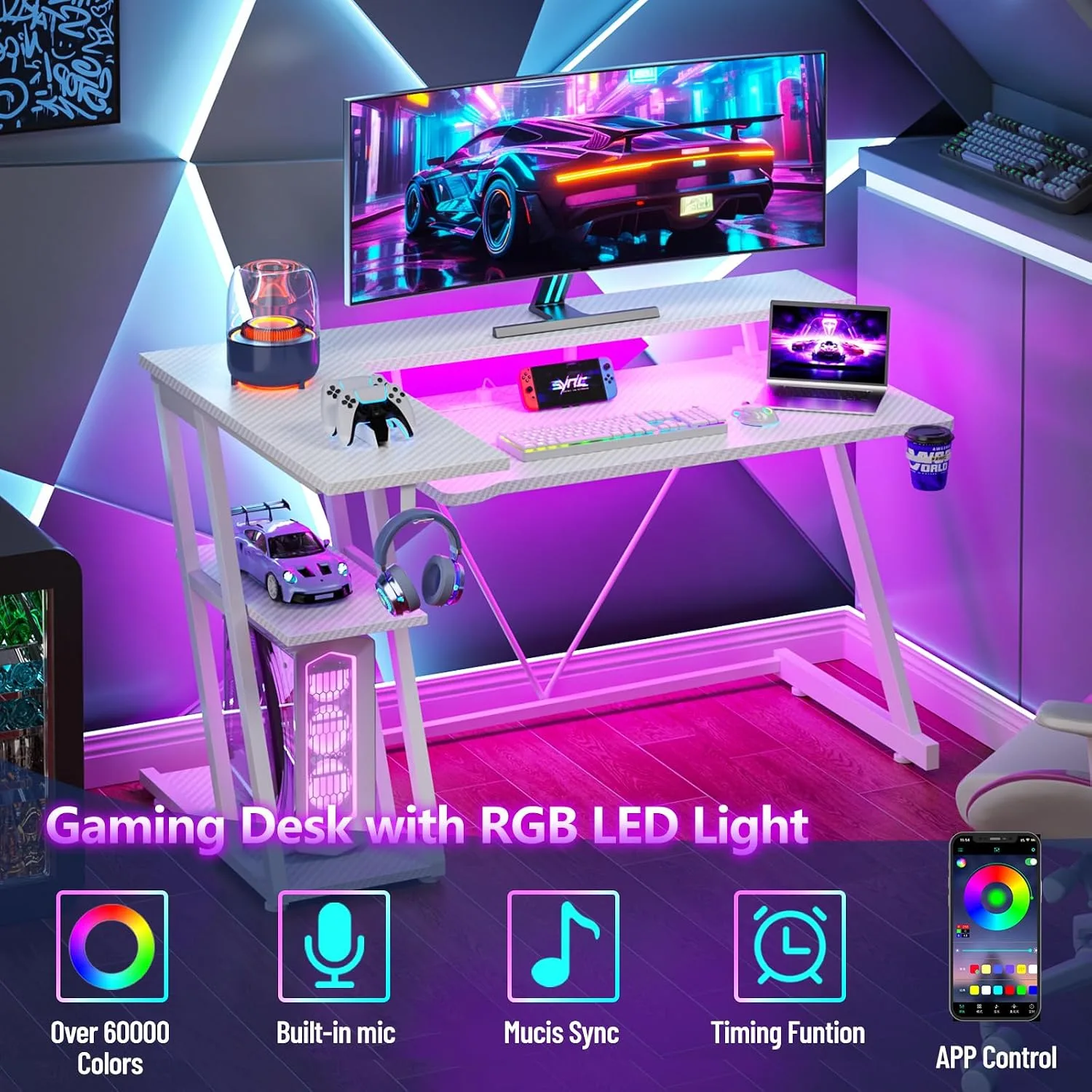 Korfile 40 Inch Gaming Desk with Power Outlet, LED, Carbon Fiber White