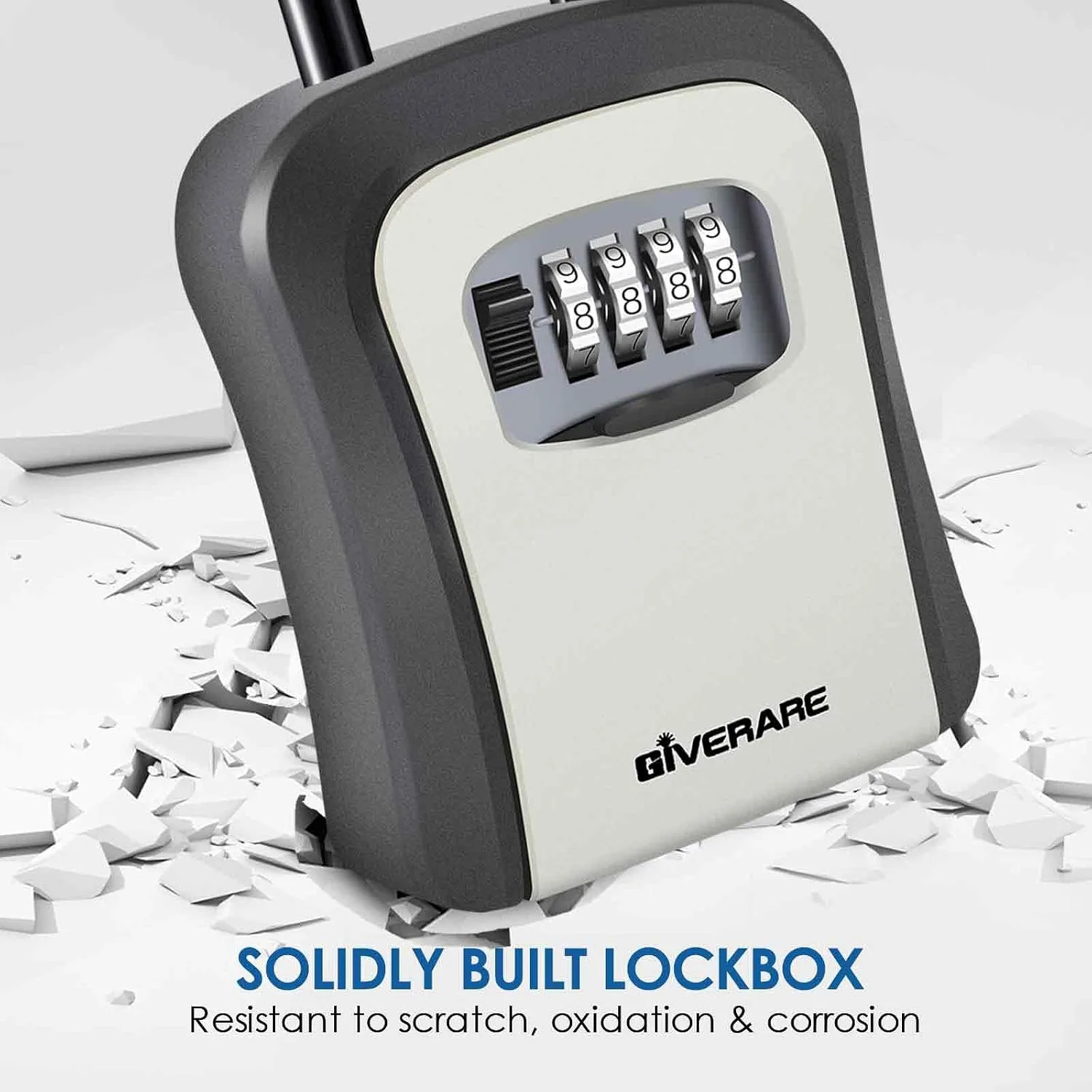 Key Lock Box, 4 Digits Combination Lockbox, Wall Mount & Portable Alloy Metal Waterproof Outdoor Resettable Key Hider for House, Apartment, Realtors Spare Keys Safe Storage-Grey
