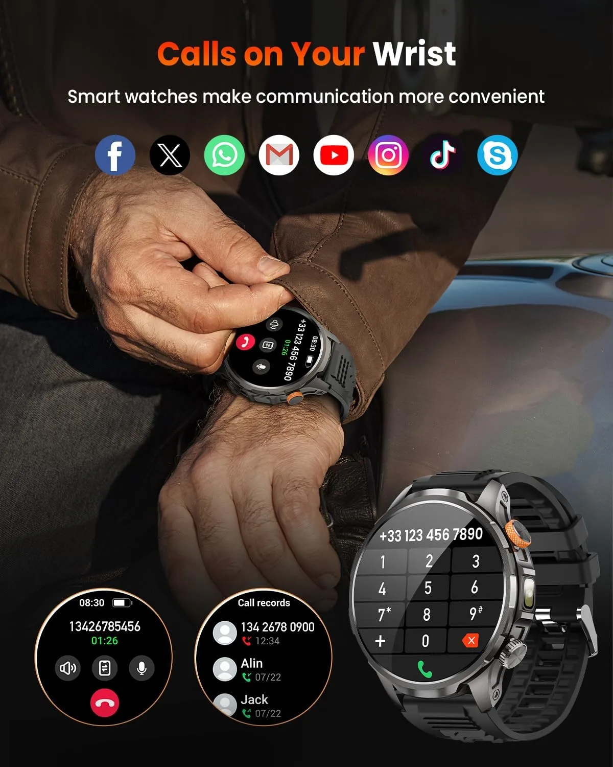 Military Smartwatch for Men 1000mAh Fitness Tracker Rugged Men Watch 2Bands