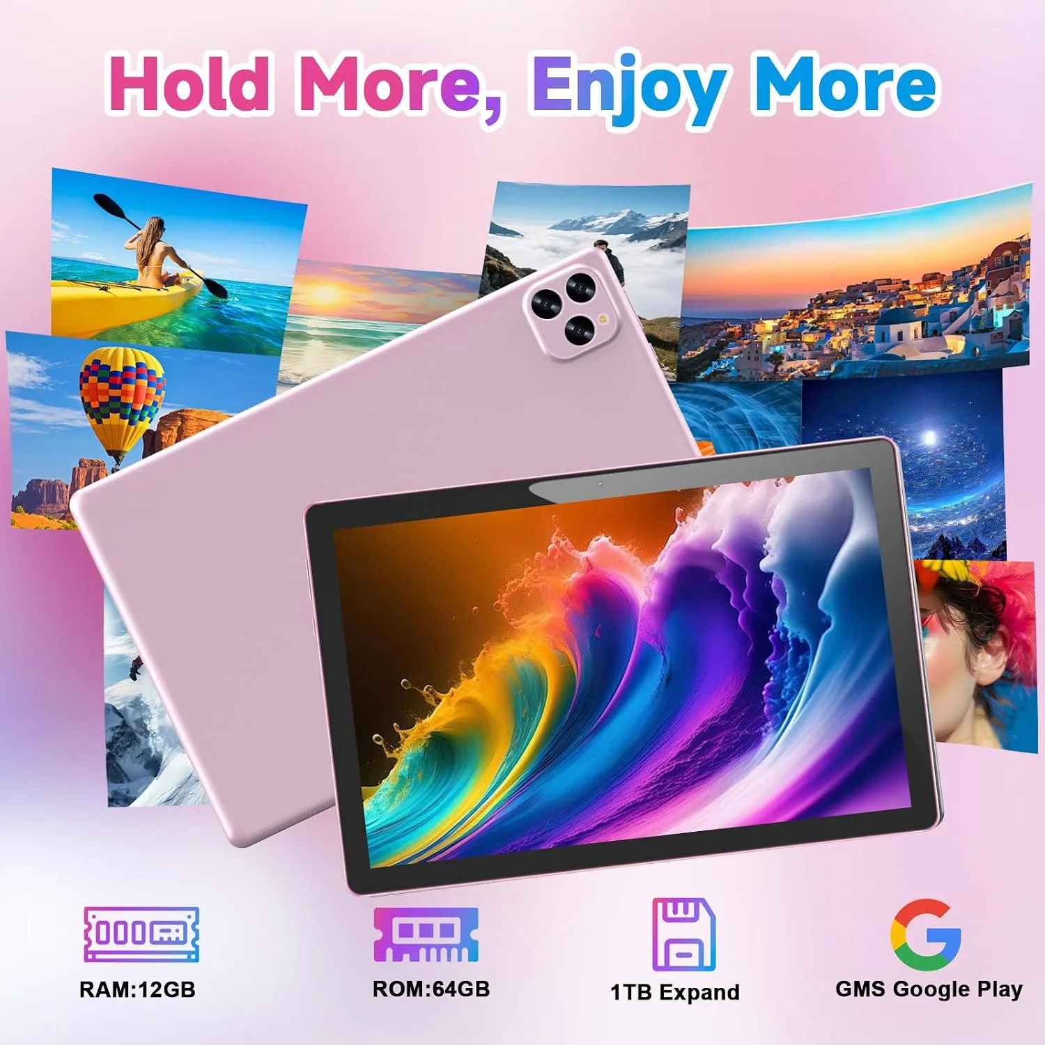 Tablet Android 16 10 Inch 12GB RAM+64GB ROM/ 1TB Expandable, 1280 * 800 HD Touch Screen, 5G WiFi6 BT 5.0, 2 in 1 Tab with Keyboard Case Mouse Stylus (Pink)