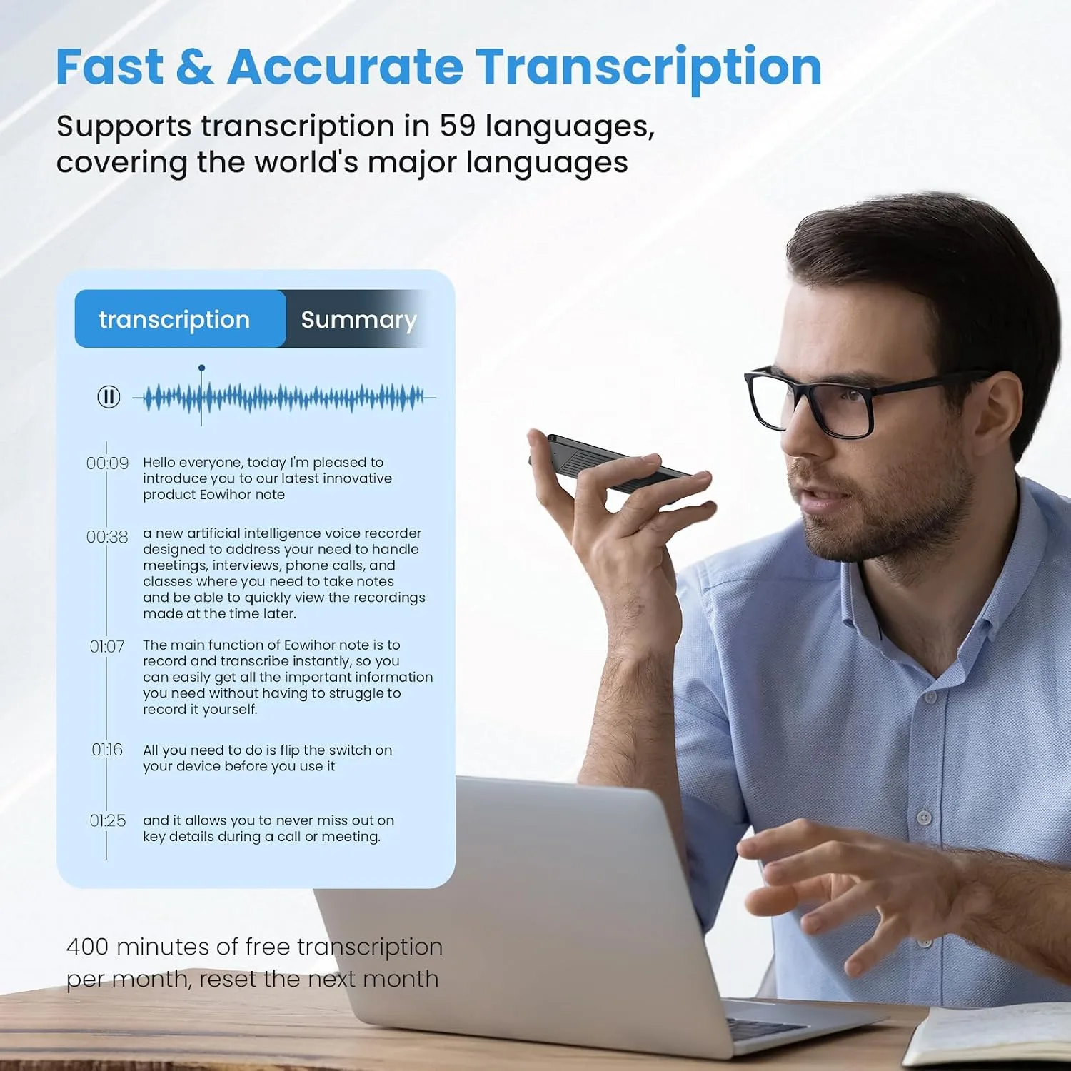 AI Voice Recorder, Transcribe & Summary Voice Recorder with Playback, Digital Voice Recorder Supporting Real-Time Translation in 59 Languages, Audio Recorder for Lectures, Meetings, 64GB Memory