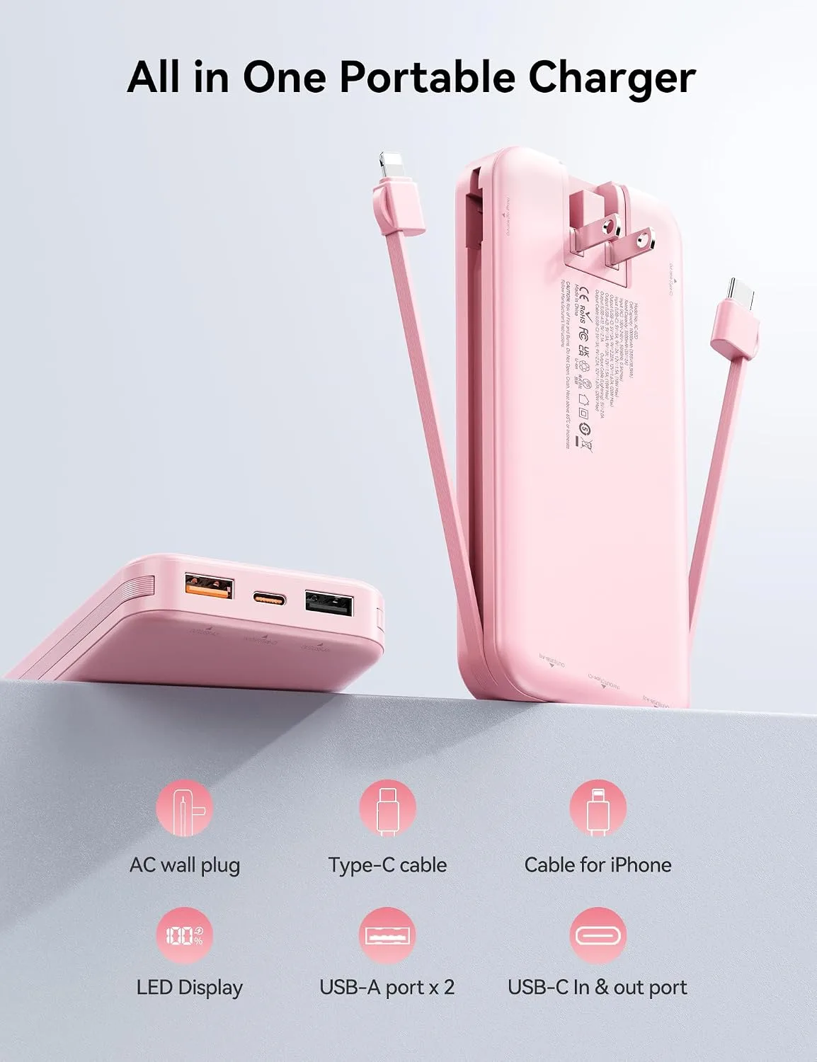 Portable Charger Power Bank 10000mAh with Built in Cables & Wall Plug