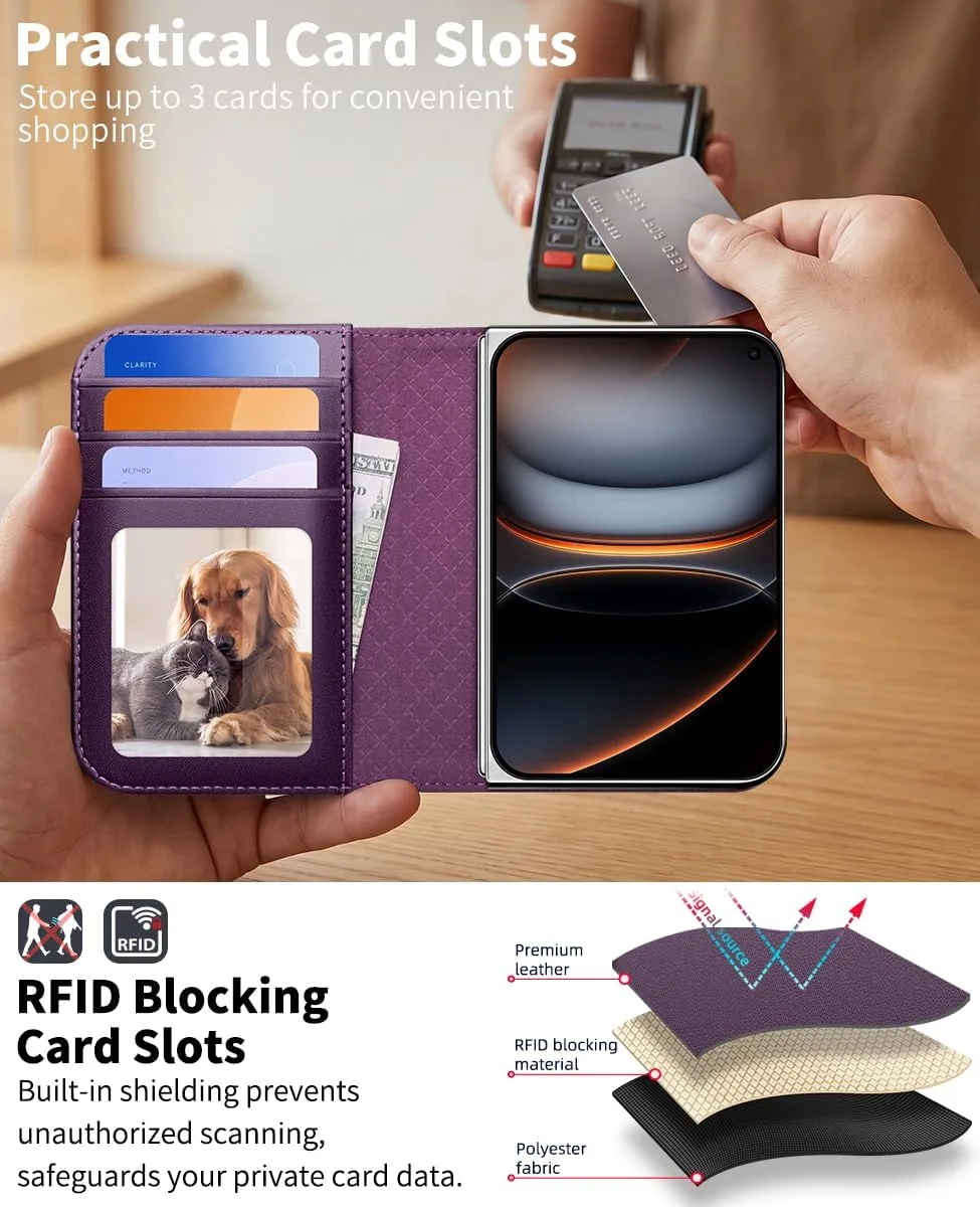 OCASE for iPhone Duo Wallet Case with Ring Stand, Card Holder, Purple