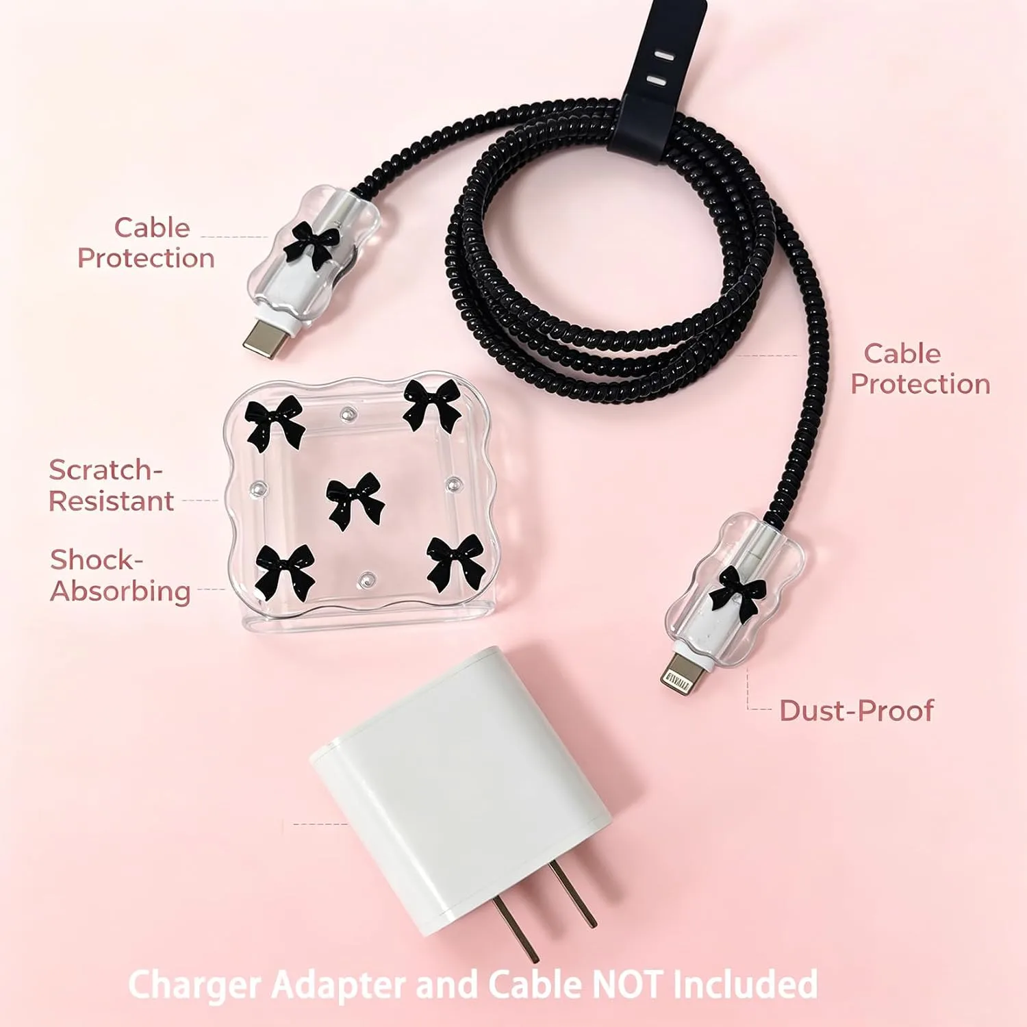 Compatible with iPhone 18W/20W USB-C Charger Protector Cover, 3D Cute Cartoon Charger Case for Apple iPhone 20W USB-C Power Adapter and Lightning Cable Protective Wire Saver (Black Bow Tie)