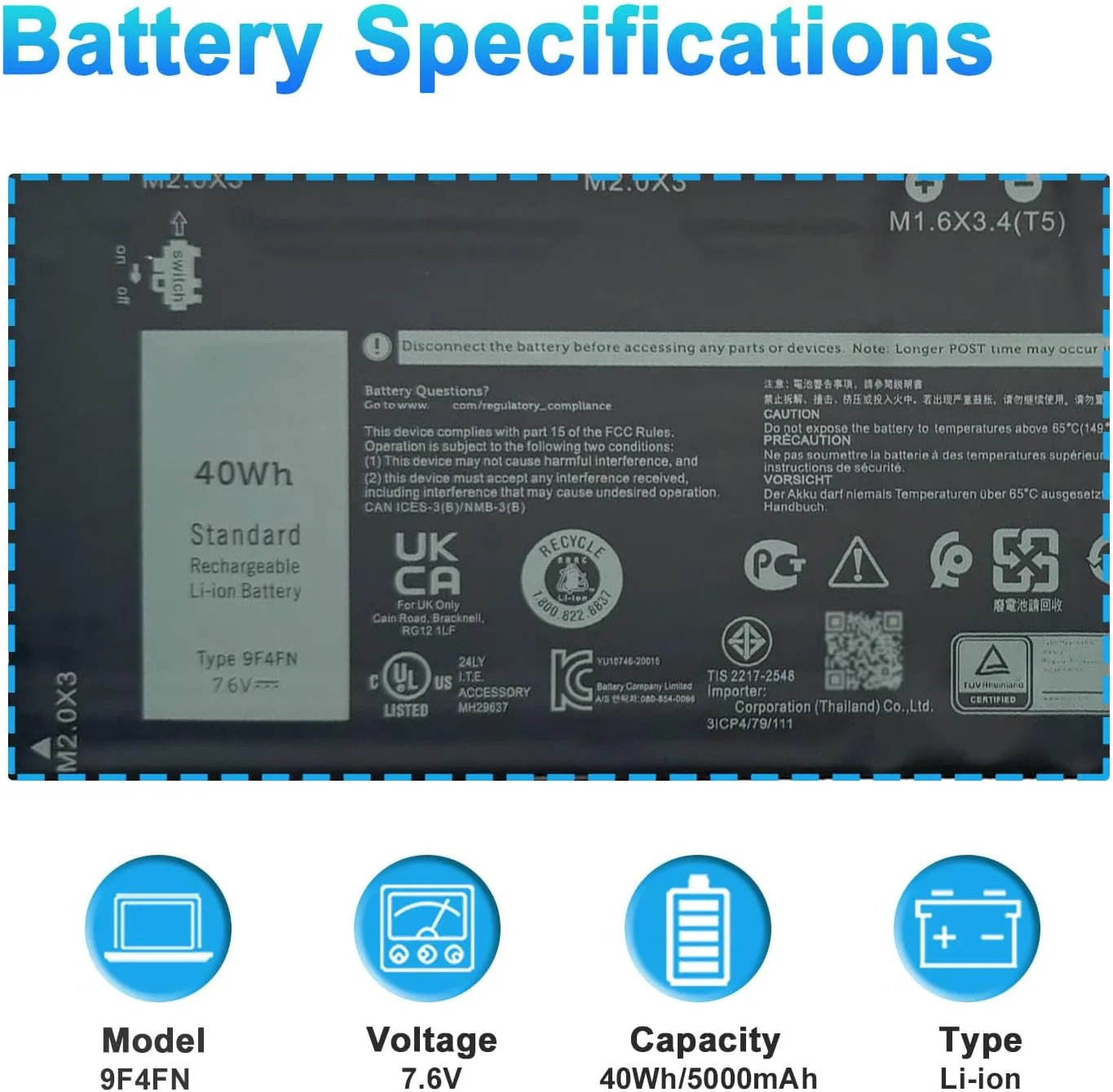9F4FN 40Wh Battery for Dell Latitude 7320 Detachable(P131G)