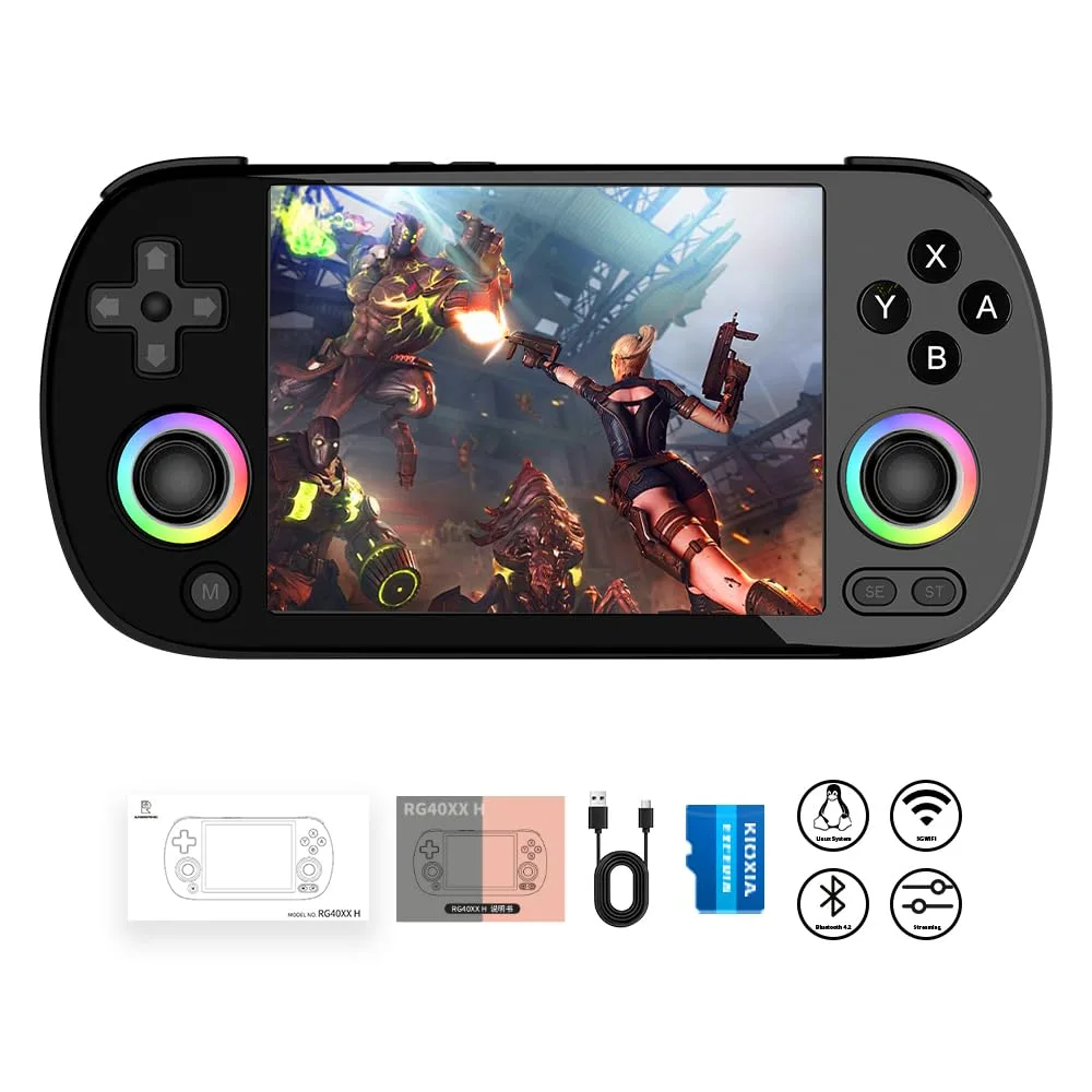 Anbernic RG40XX H Retro Handheld Game Console RG40XXH Portable Game Console 4'' IPS Screen Linux System 64G TFCard Preloaded Games 5000+ RG40XX H Supports HDMI TV Output 5G WiFi Bluetooth 4.2 Black