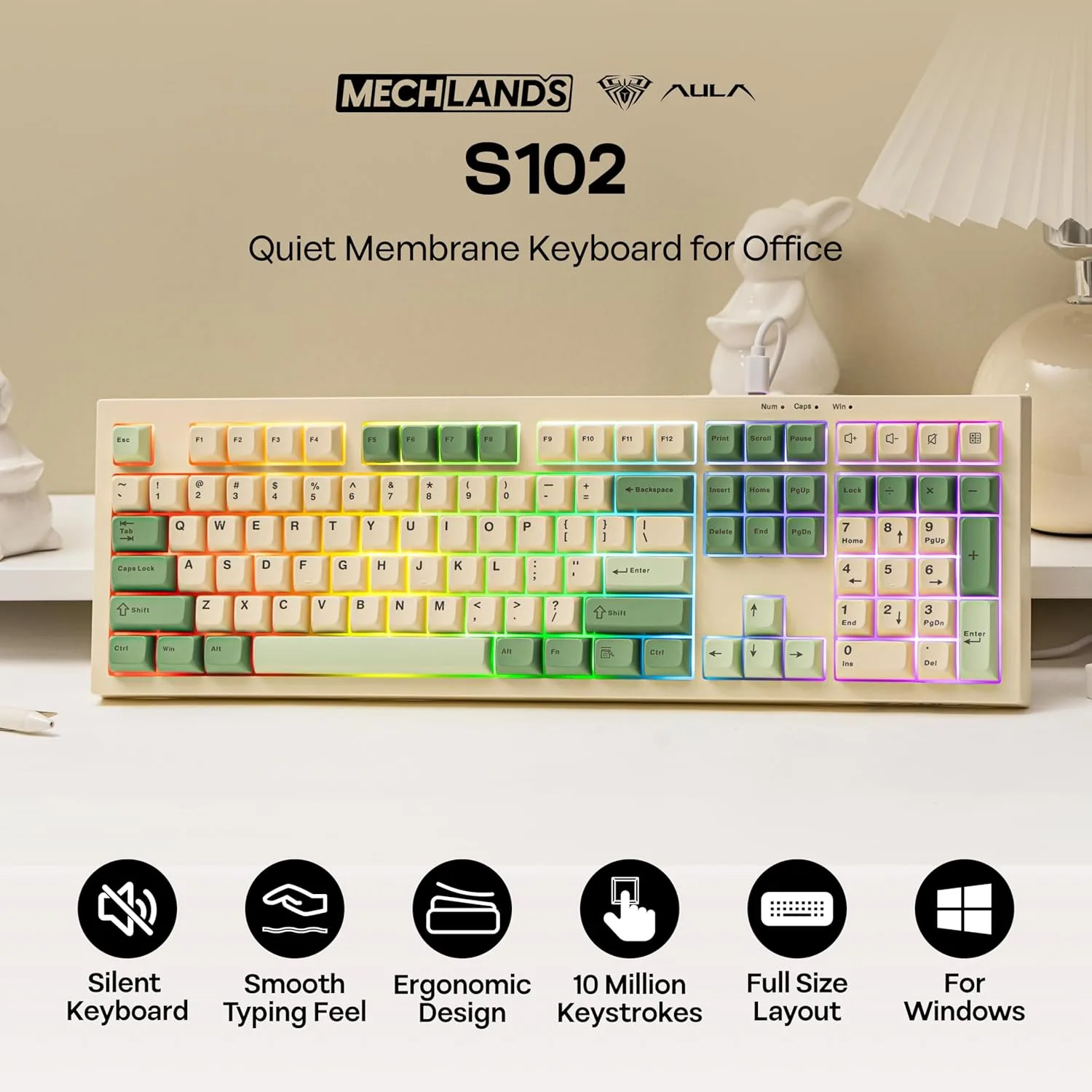 MechLands Aula S102 Membrane Gaming Keyboard w/Number Pad, 100% Full Size