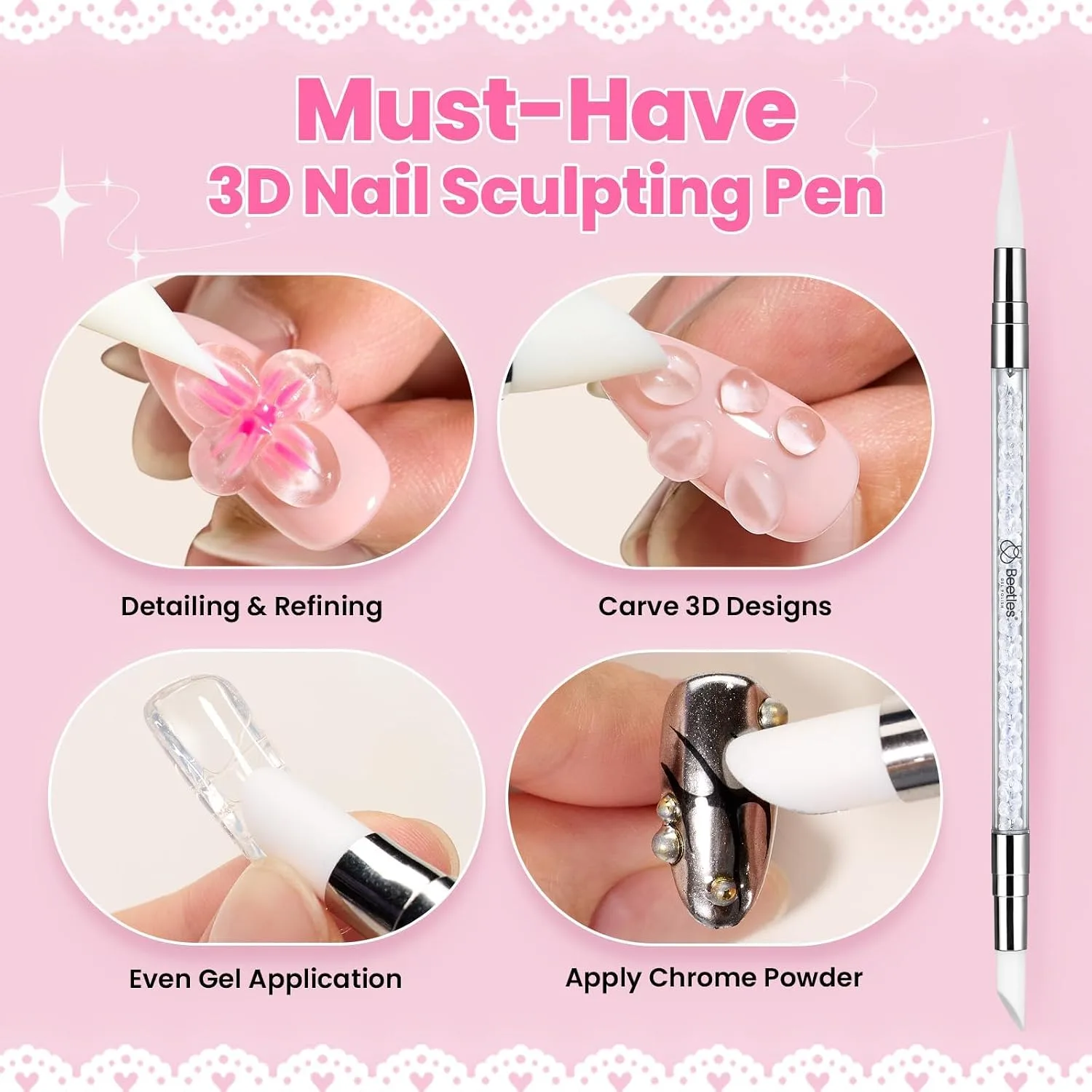 Beetles 3D Gel Nail Art & 3D Mold, 2 Pcs Clear & Pink with Sculpting Pen