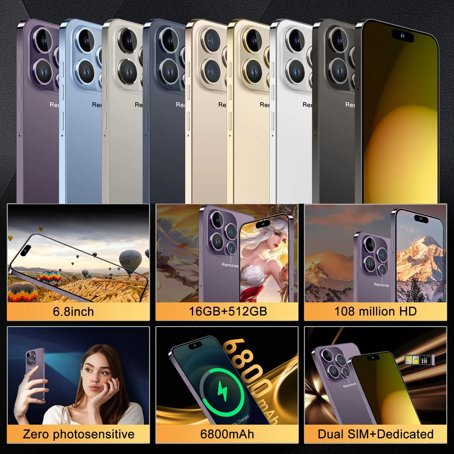Huness 15 PM Smartphone Unlocked Cell Phone,Battery 6800mAh 6.8 HD Screen Unlocked Phone,16+512GB Android 14 with 128GB Memory Card,Dual SIM/5G/Fingerprint Lock/Face ID (Purple)