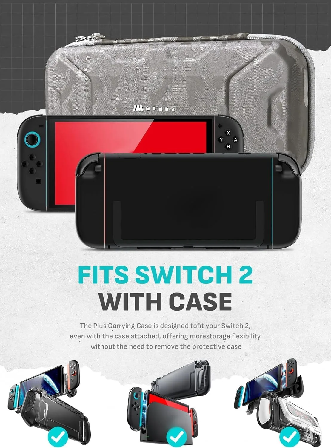 Mumba Carrying Case for Nintendo Switch 2 [Fits Console with Protective Case On][2025 Plus Version] Hard Shell Travel Handbag Pouch with 12 Game Card Slots, Large Capacity for Accessories (CamoGray)