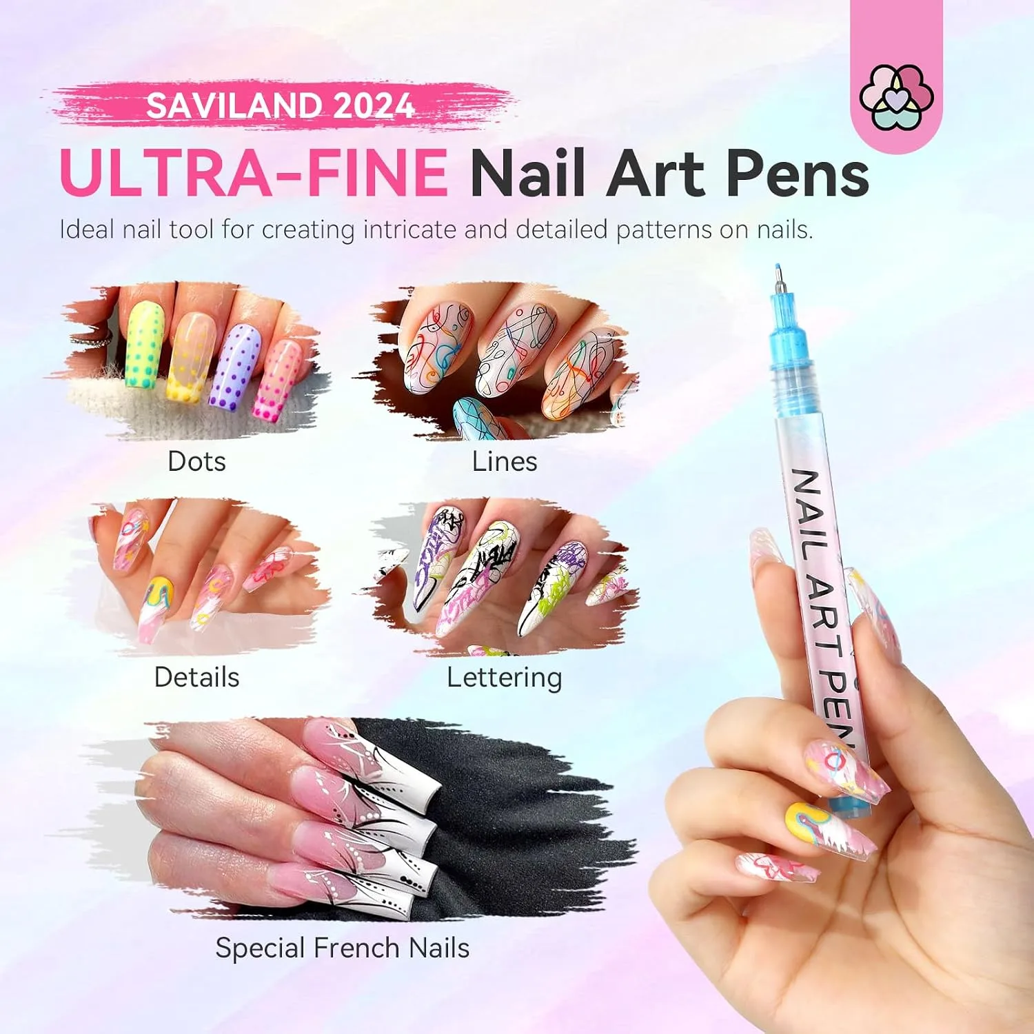 SAVILAND 12 Colors Nail Art Pens Set, 0.5mm Fine Tip Nail Polish Pens