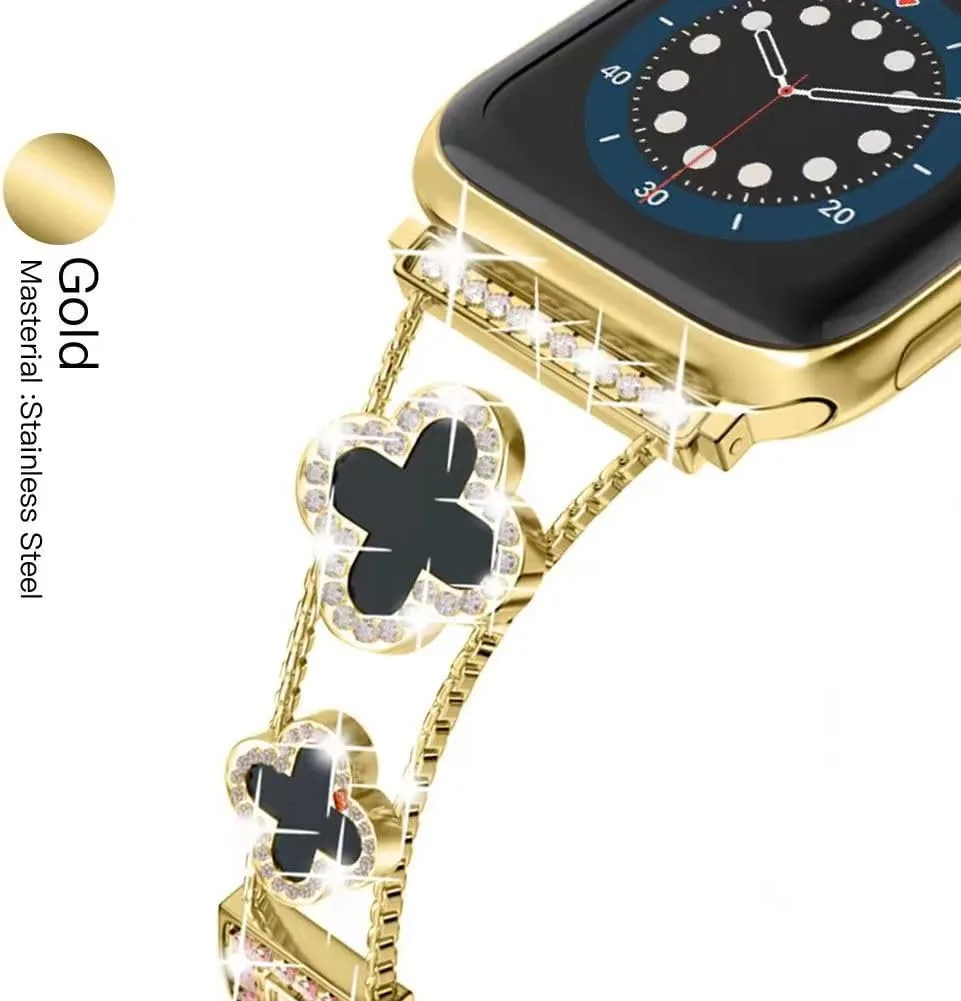Musk-MSKR Diamond Metal Bands Add Sparkle to Your Watch For Apple Watch Series 12/11/10/9/8/7/6/5/4/3/2/SE/Ultra Clover Simple and Stylish Compatible with 38mm40mm41mm42mm44mm45mm 46mm49mm Women's Wear
